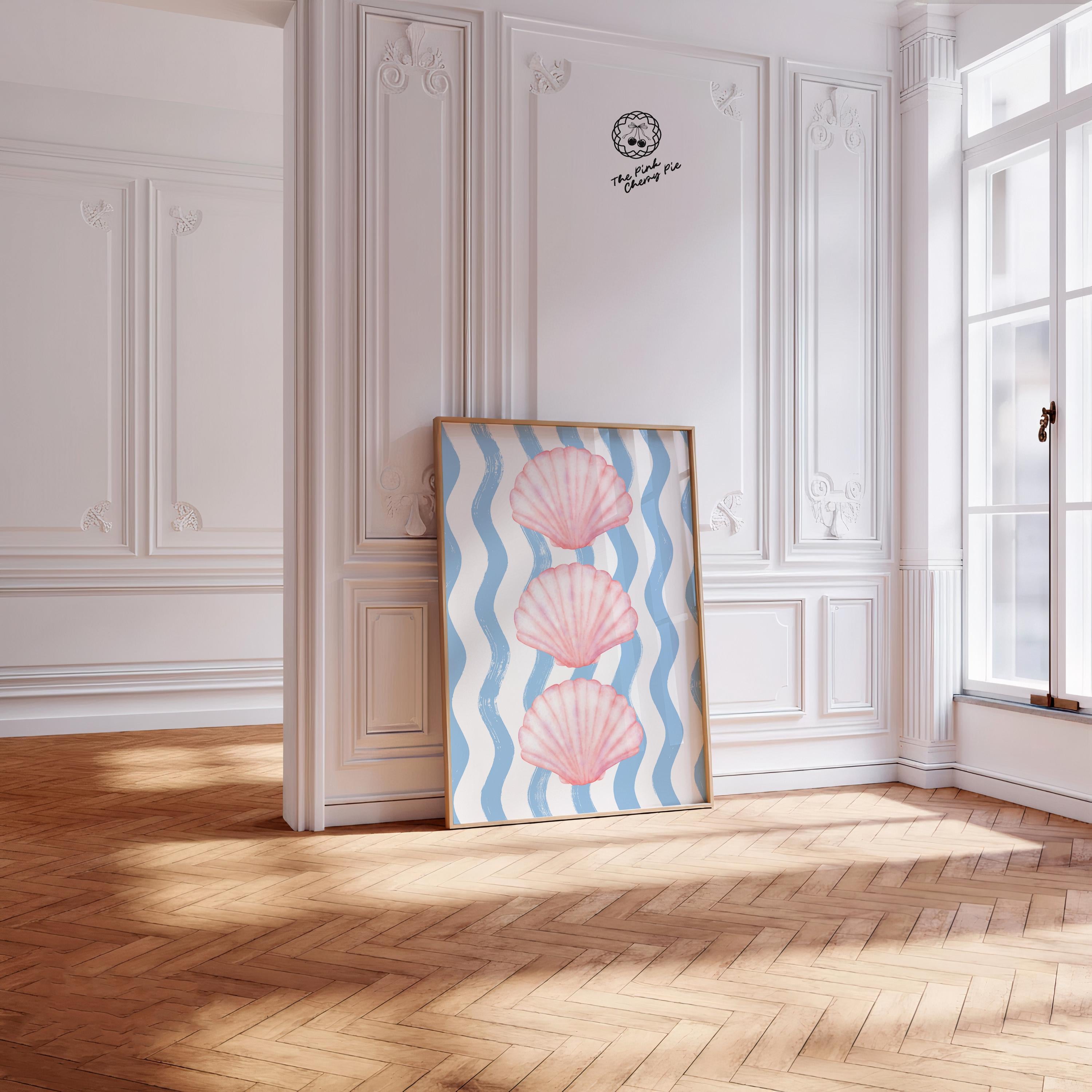 Pink and Blue Coastal Print - Pink Seashell & Blue Wavy Stripes. Cute Coastal Wall Art for Summer Dorm Decor, Aesthetic [Digital Download]