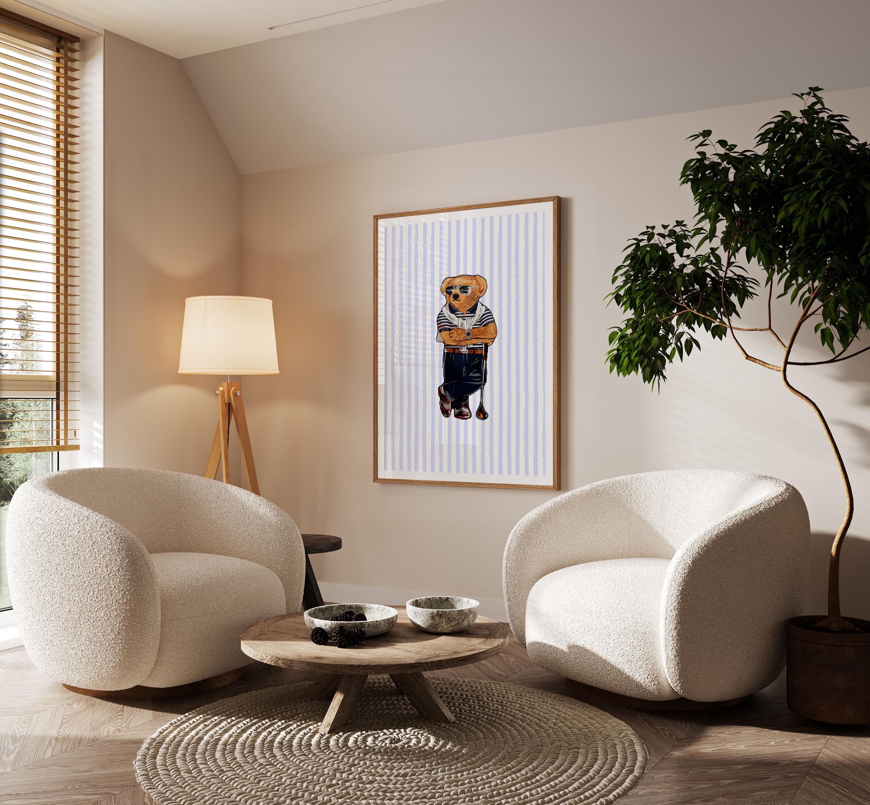 Golf Bear Print - Vintage Golf Print – Golf Wall Art, Blue Stripes Print - [Digital File]