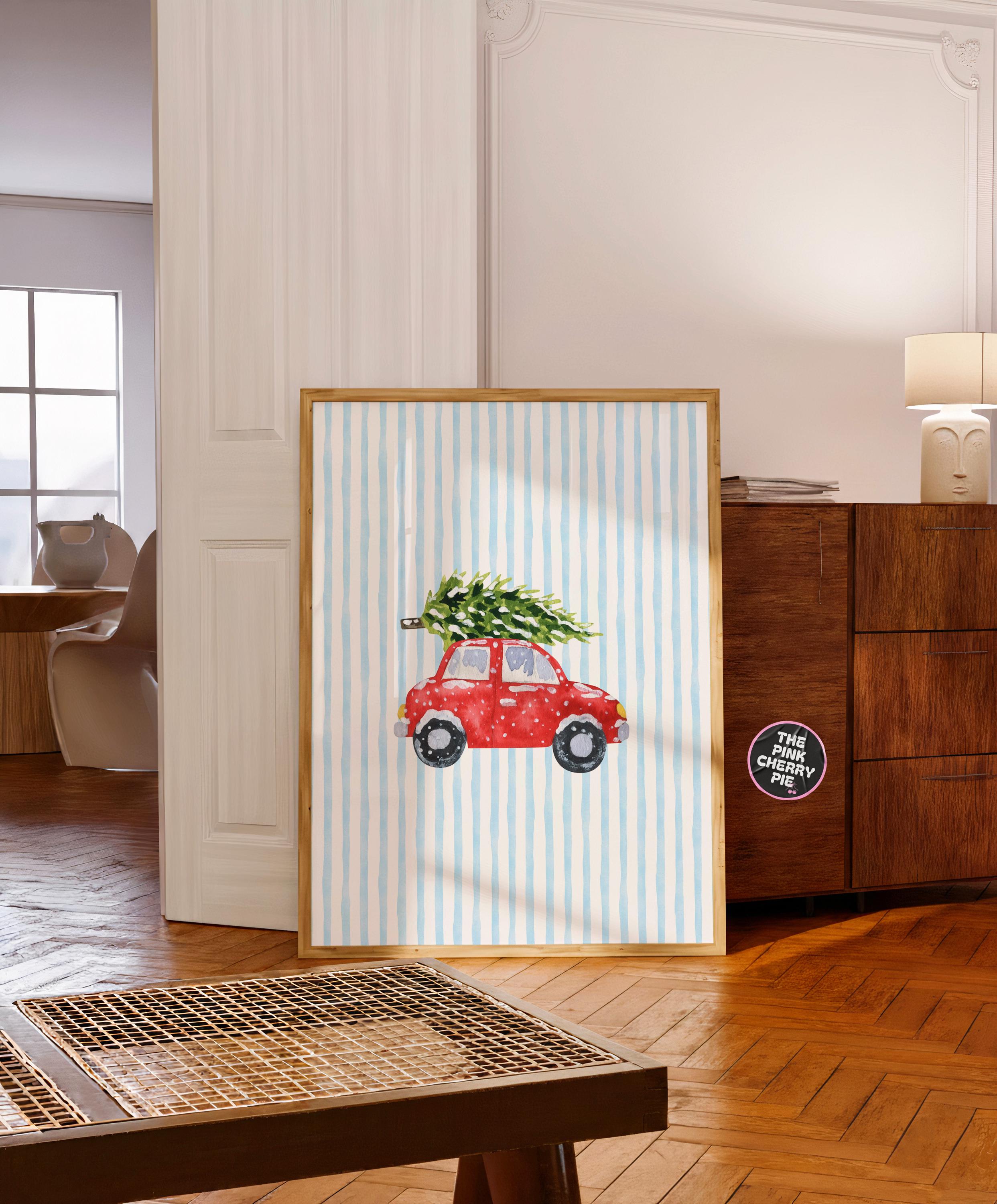 Red Car with Tree on Blue Stripes Wall Art | Driving Home for Christmas Poster | Cozy Holiday Print | Watercolor Christmas Decor [Digital]