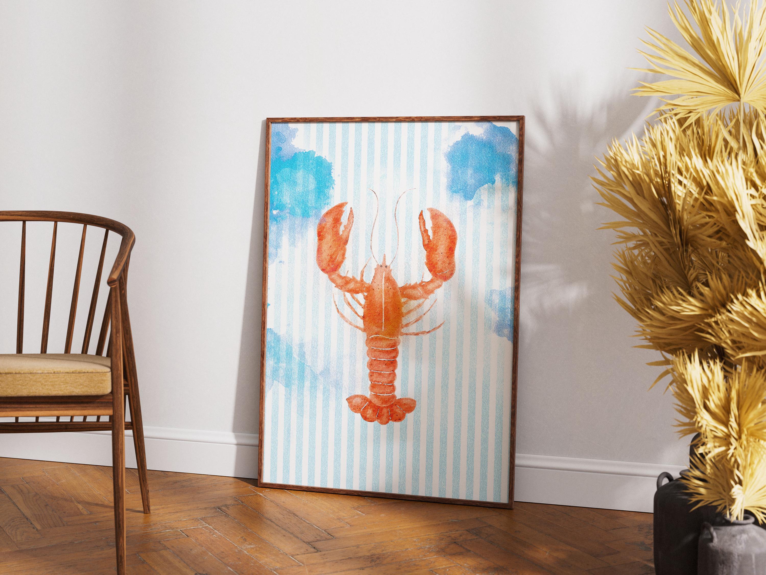 Preppy Lobster Watercolor Painting Print on Blue Stripes, Coastal Wall Art, Nautical Beach House Decor, Printable Seaside Art