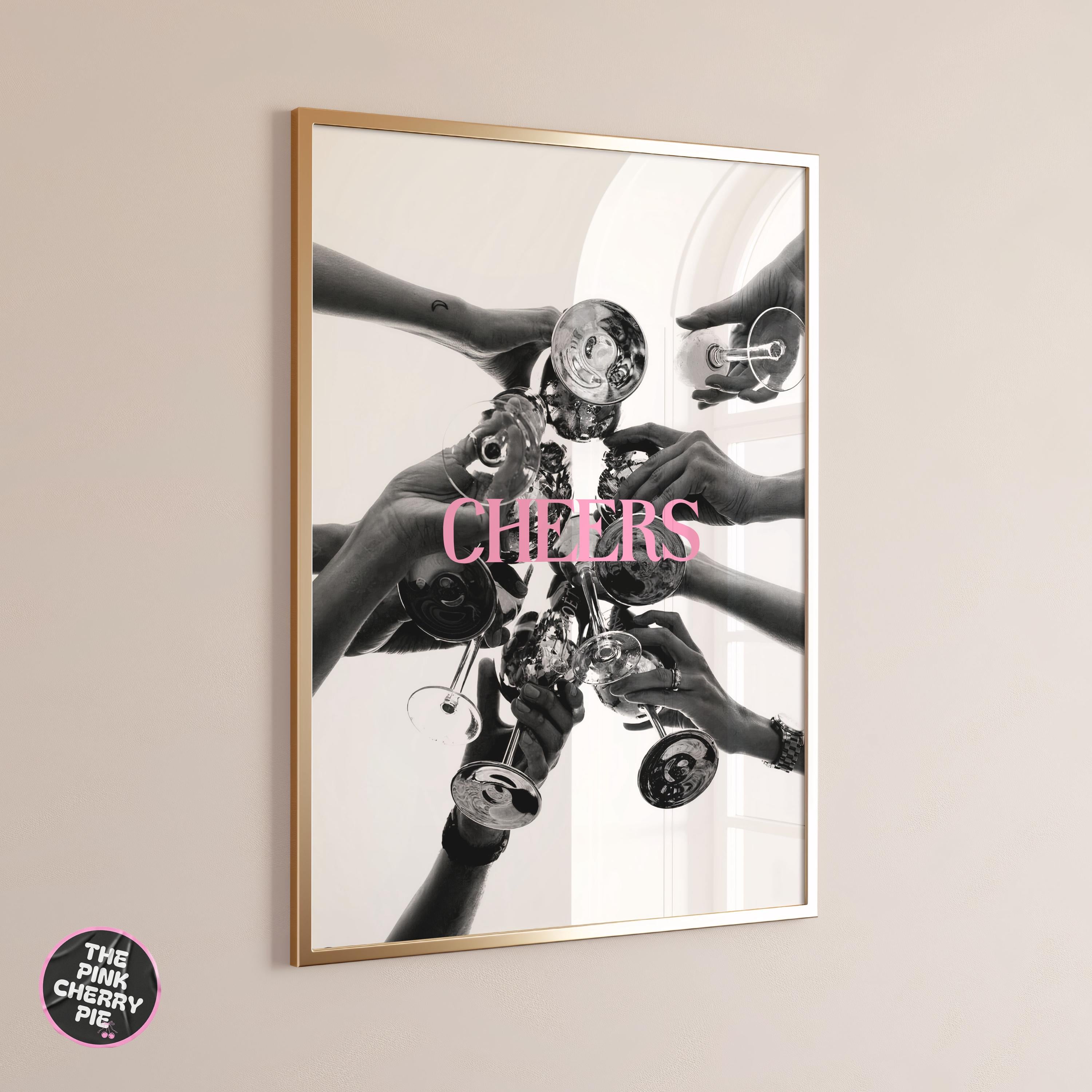 Cheers Print, Black and White, Champagne Poster, Vintage Bar Print, Cocktail Wall Art, Bar Cart Print, Alcohol Wall Decor, Digital Download