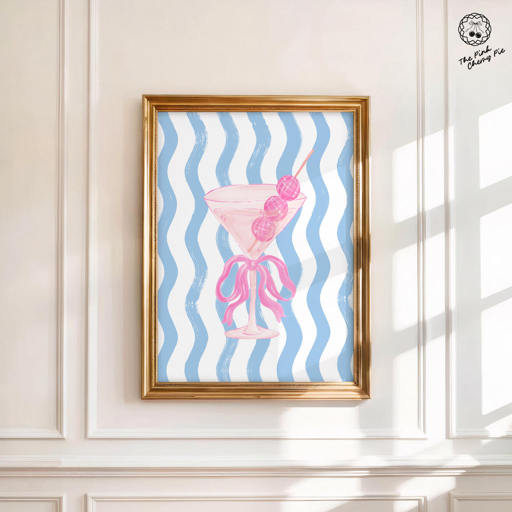Pink Martini Wall Art with Bow, Disco Ball Poster, Blue Stripes, Fun Cocktail Poster, Bar Decor, Retro Cocktail Bar Decor [Digital Download]