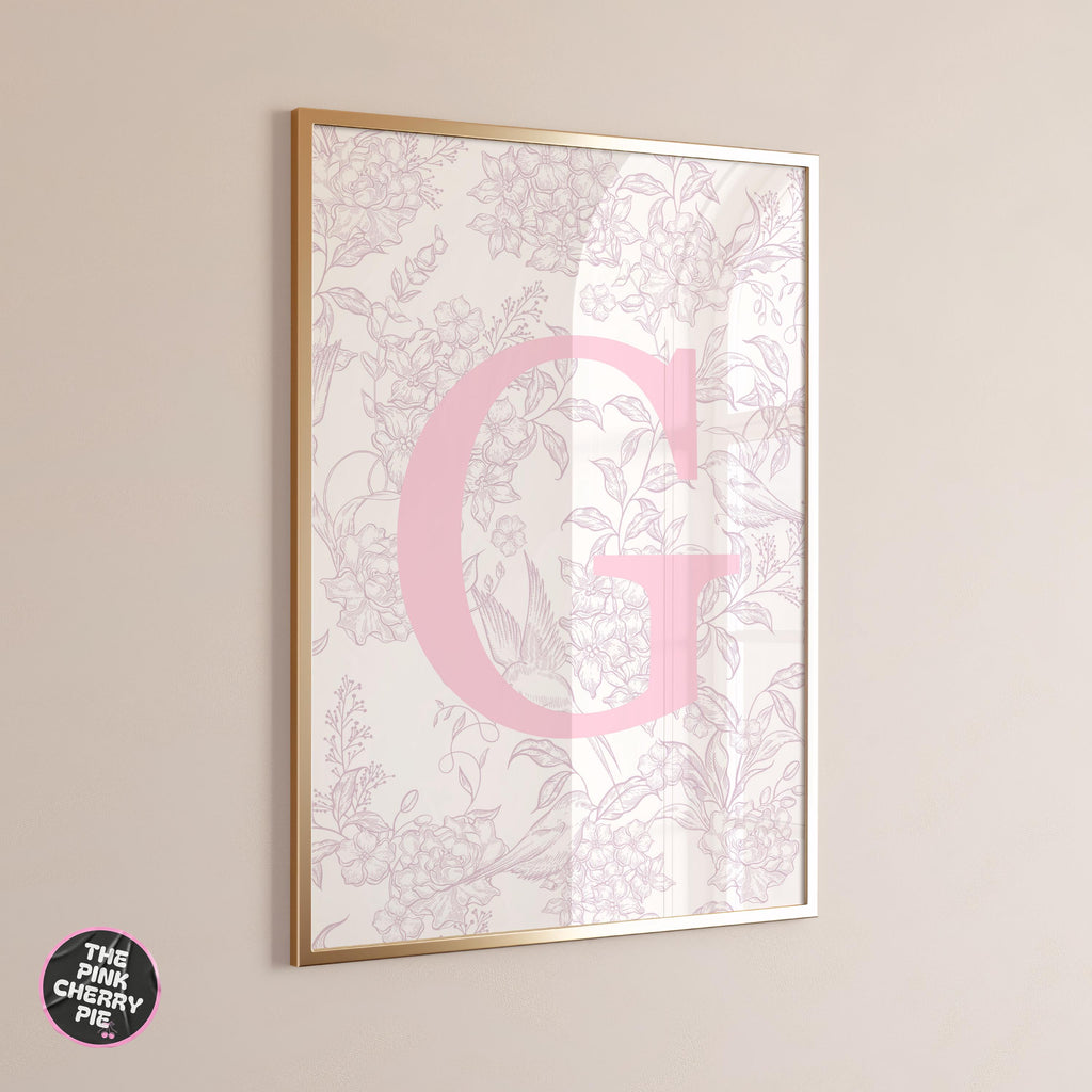 Custom Pink Floral Initial Print - Letter Wall Decor, Light Blue Dorm Art, Personalized Bedroom, Cute & Girly Name Letter Artwork [Digital]