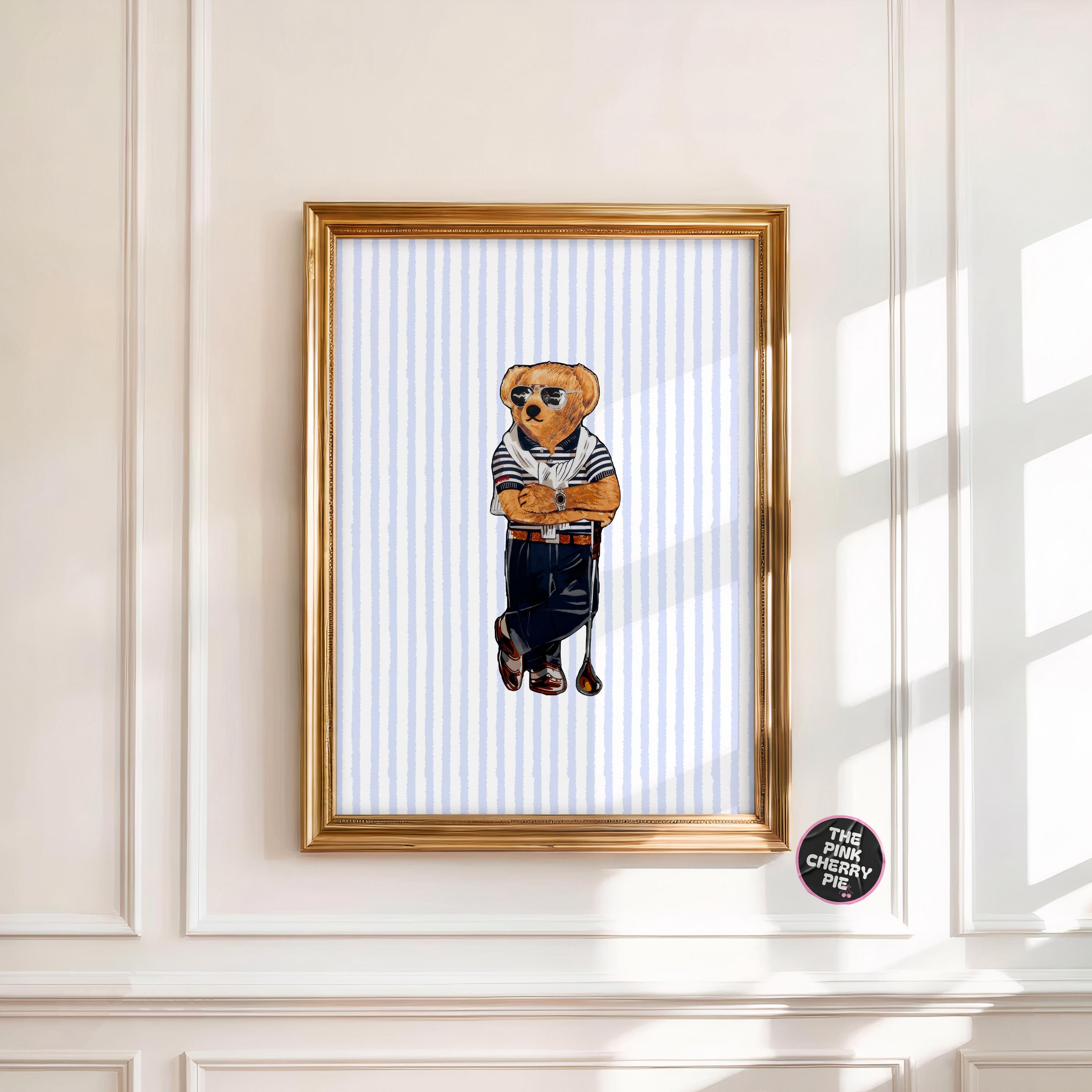Golf Bear Print - Vintage Golf Print – Golf Wall Art, Blue Stripes Print - [Digital File]
