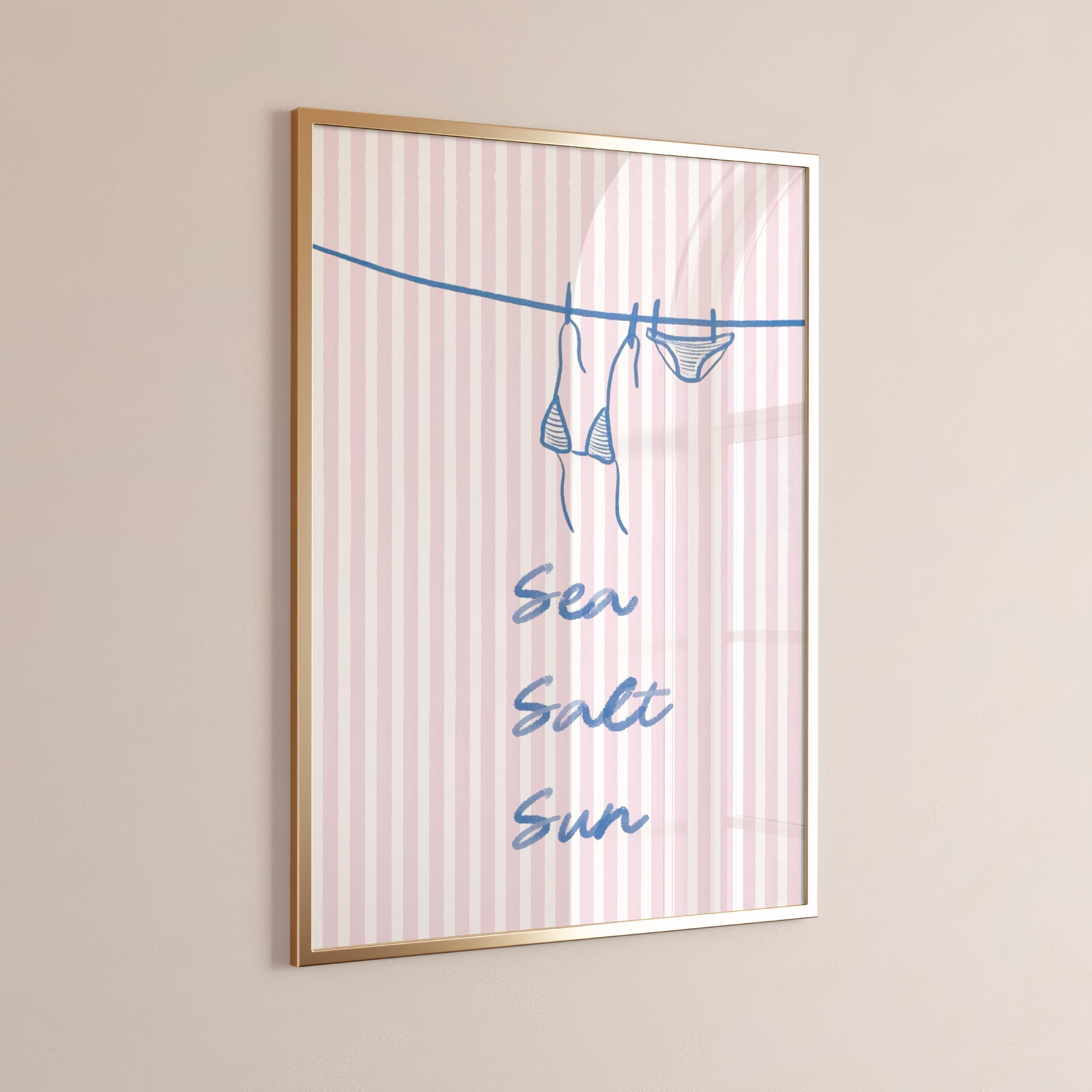 Pikini Sea Salt Sun Watercolor Beachy Wall Art – Minimal Coastal Typography Print | Summer Beach House Decor, Preppy Ocean Quote Poster