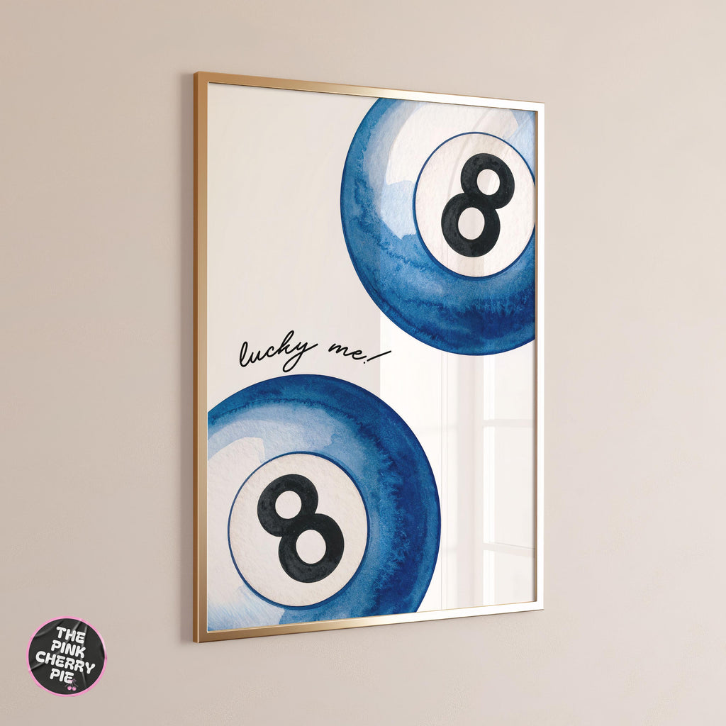 How lucky are we print, Blue Retro Eight Ball Billiard Poster, Funky Y2K Aesthetic Apartment Decor, Lucky Me Pool Ball Digital Print