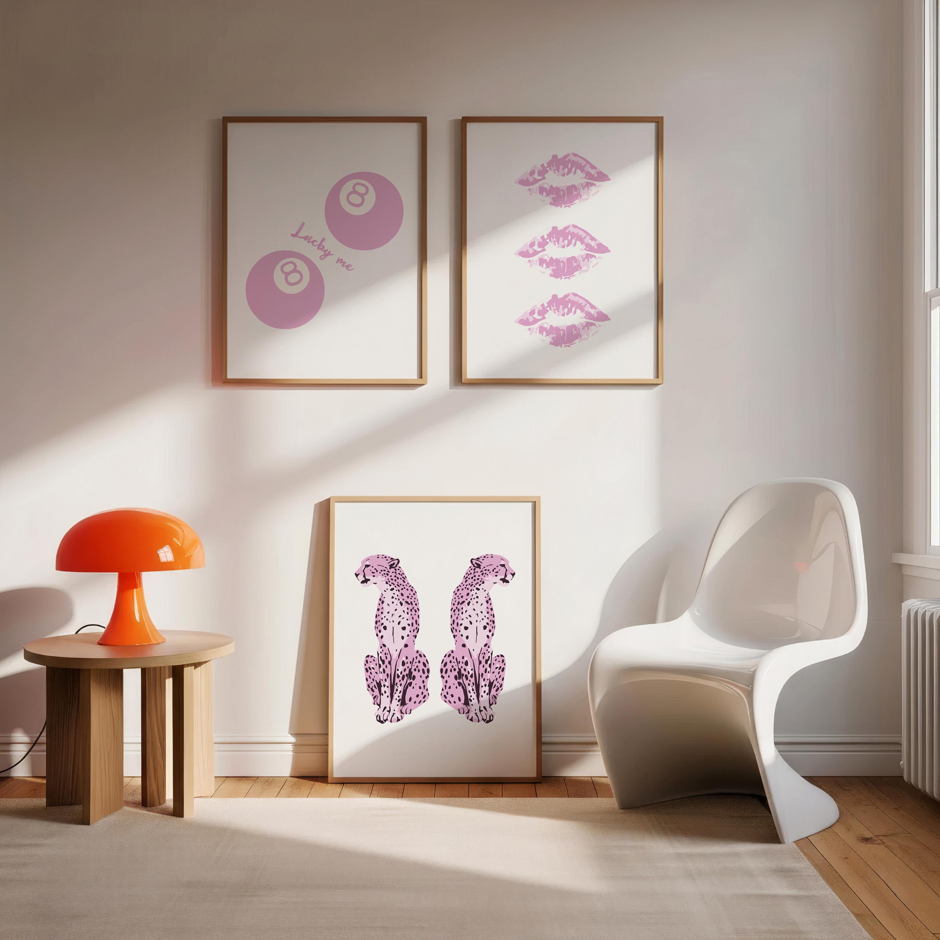 Pink Wall Art Print Set of 3, Trendy Posters, Digital Wall Art, Girly Dorm Room Decor, Printable Wall Art, 8 Ball Print Cheetah Poster