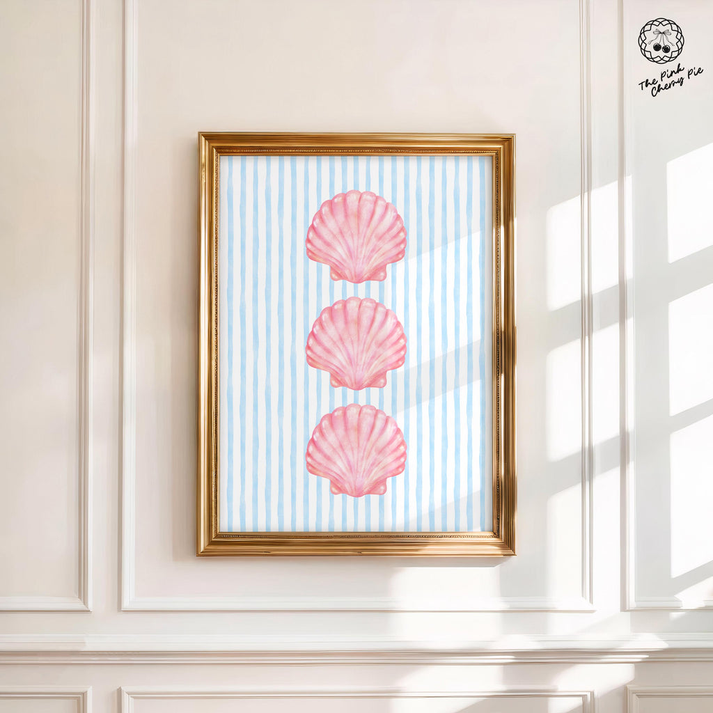 Pink and Blue Coastal Print - Seashell Stripe Art, Beach Dorm Decor, Coastal Wall Prints Trendy, Pastel Aesthetic [Digital Download]