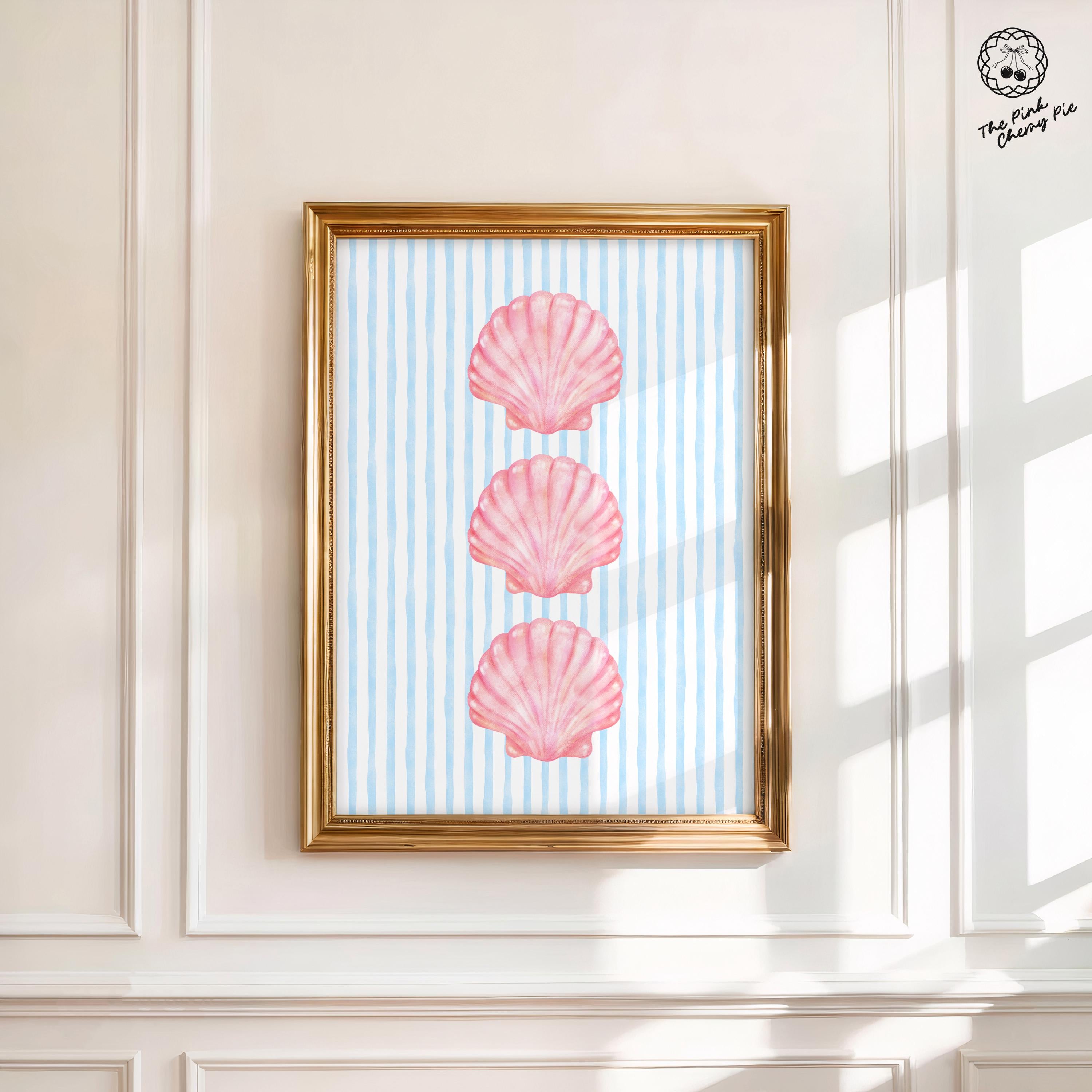 Pink and Blue Coastal Print - Seashell Stripe Art, Beach Dorm Decor, Coastal Wall Prints Trendy, Pastel Aesthetic [Digital Download]