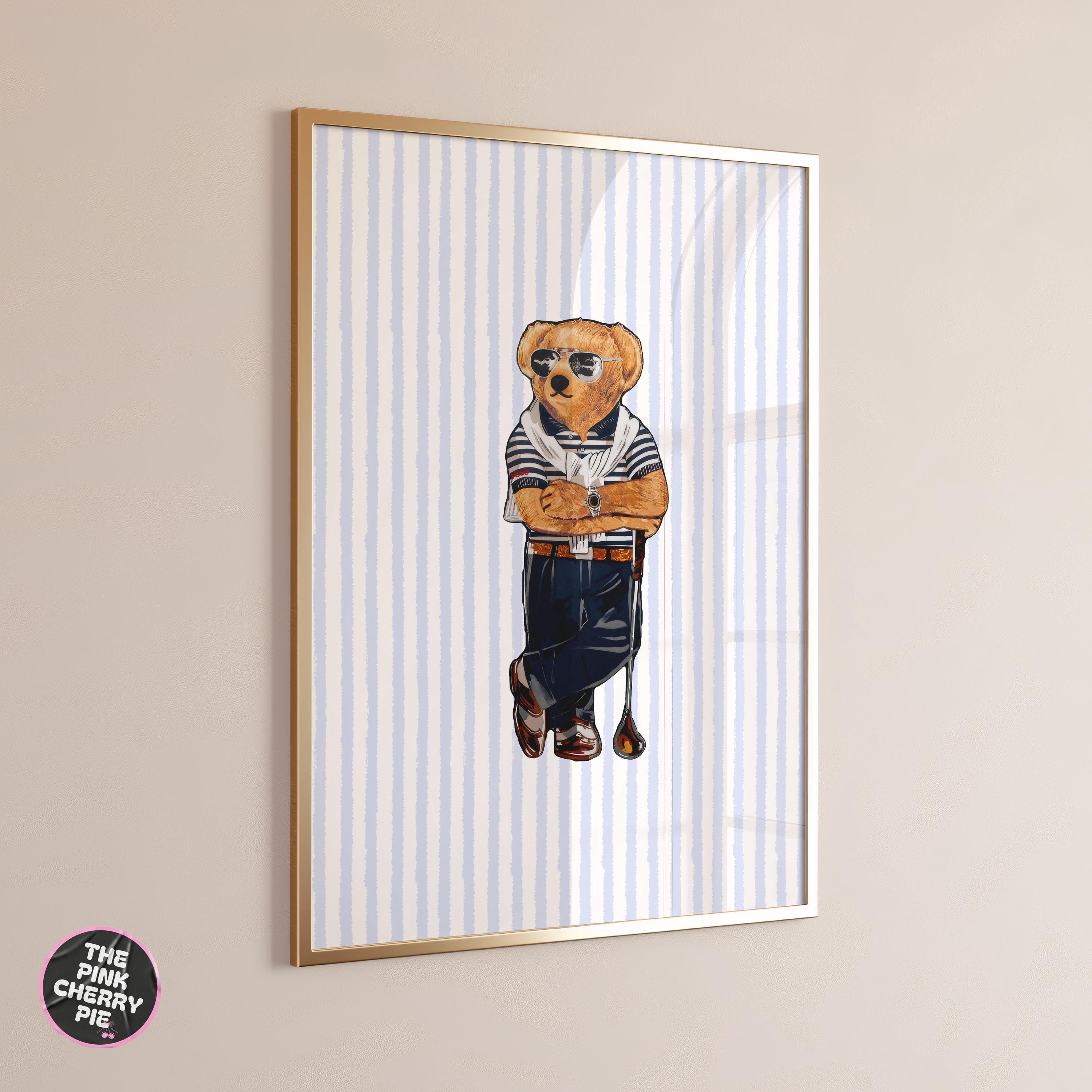 Golf Bear Print - Vintage Golf Print – Golf Wall Art, Blue Stripes Print - [Digital File]