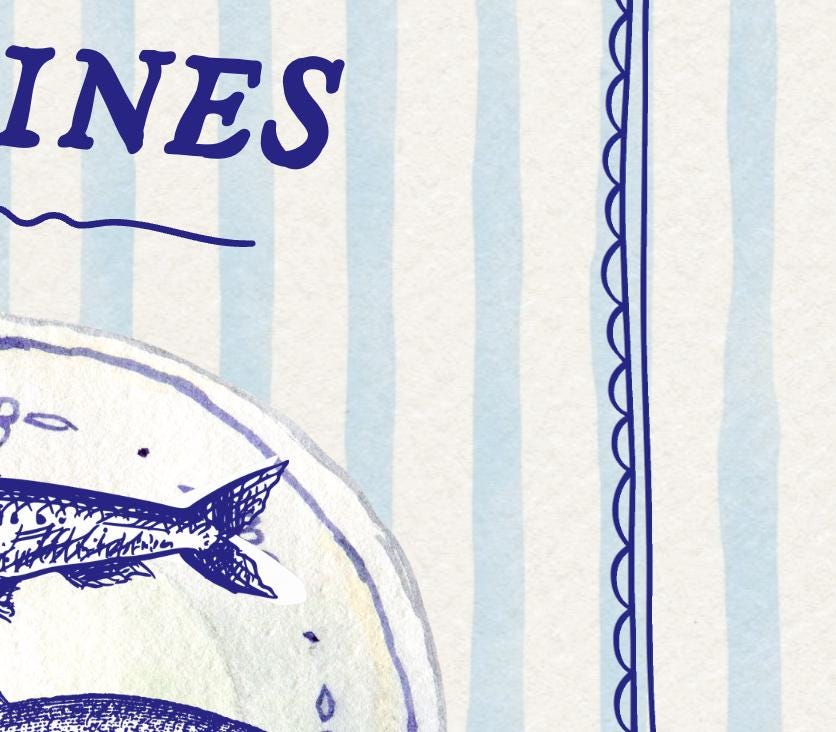 Sardine on Blue Stripes Print - Striped Fish Art, Sardines Wall Art, Vintage Seafood Poster [Digital File]