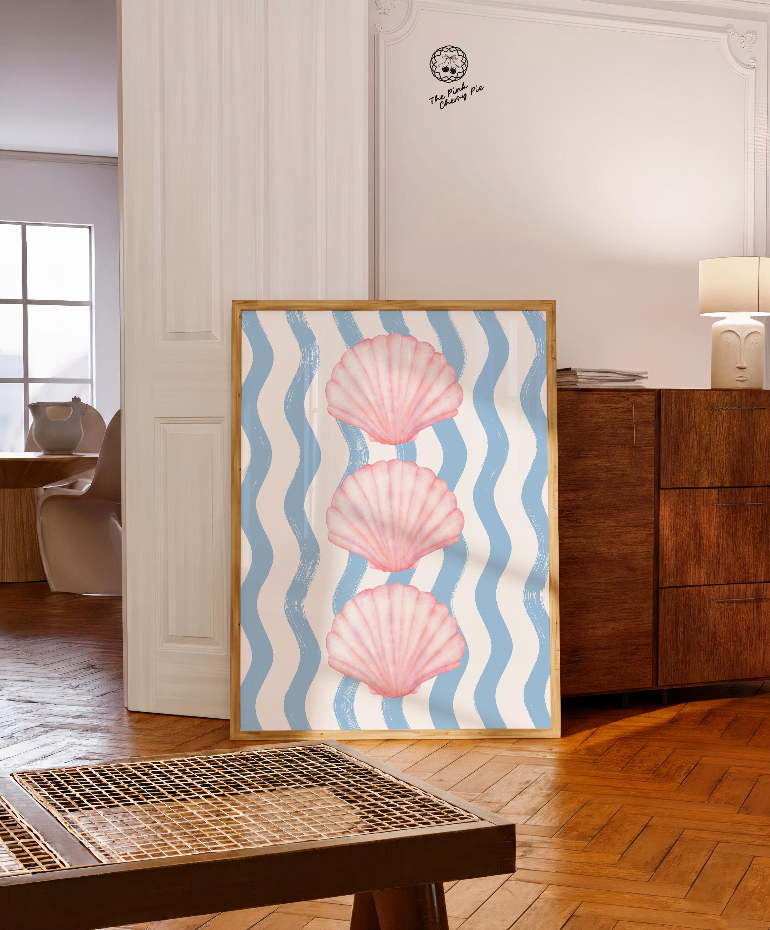 Pink and Blue Coastal Print - Pink Seashell & Blue Wavy Stripes. Cute Coastal Wall Art for Summer Dorm Decor, Aesthetic [Digital Download]
