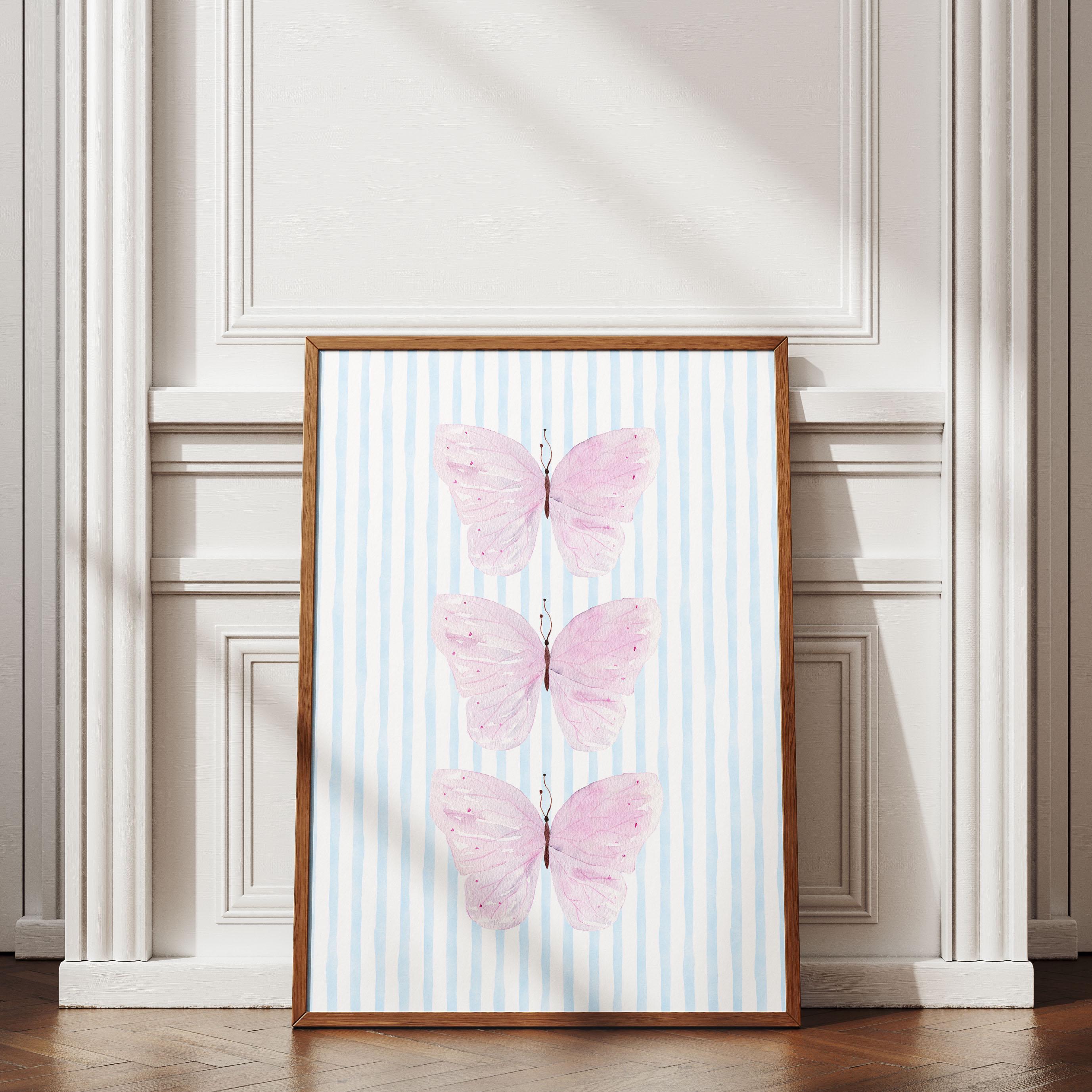 Pink Butterfly Watercolor Print in Blue Stripes - Preppy Dorm Wall Art, Aesthetic Insect Decor, Butterfly Dorm Decor [Digital Download]