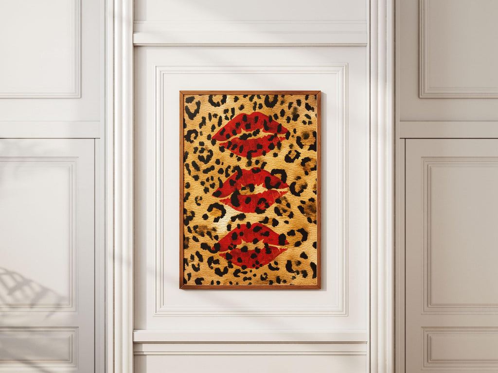 Red Kiss Cheetah Watercolor Print – Trendy Dorm Wall Art, Bold Coquette Digital Download, Edgy Lip and Animal Print Poster