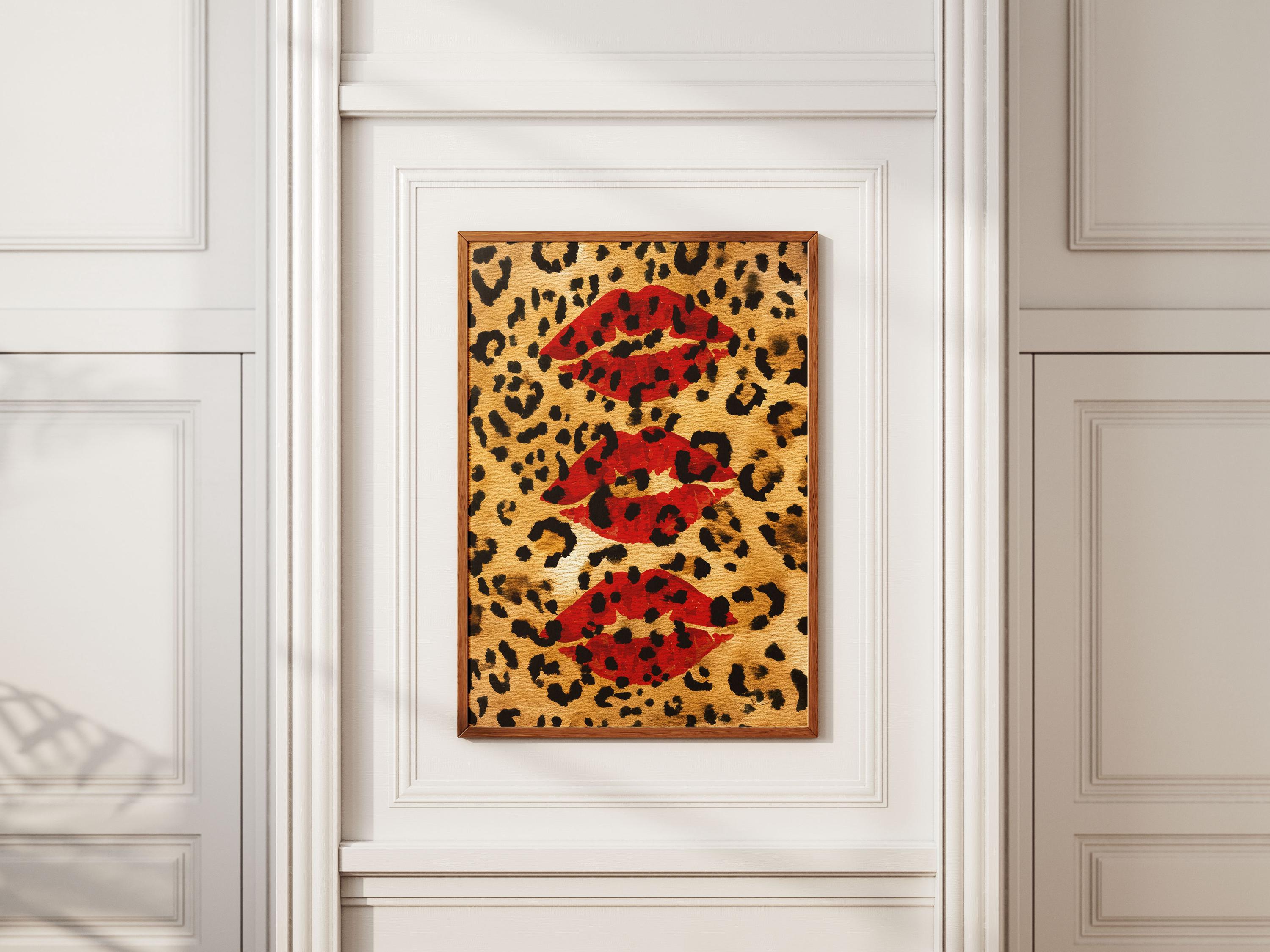 Red Kiss Cheetah Watercolor Print – Trendy Dorm Wall Art, Bold Coquette Digital Download, Edgy Lip and Animal Print Poster