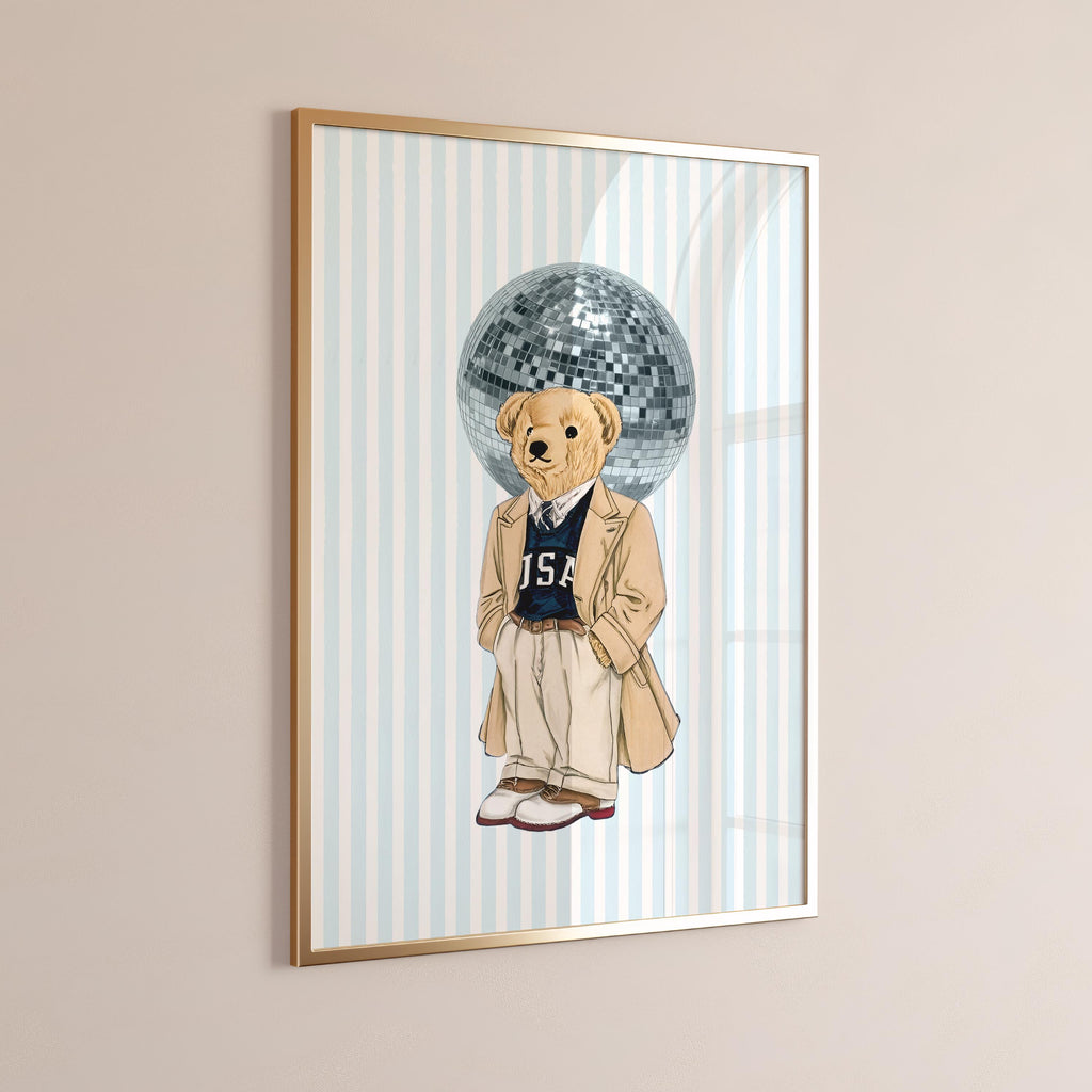 Preppy Disco Bear Wall Art – Coastal Preppy Bear Disco Ball Print, Nautical Beach Wall Art - [Digital File]