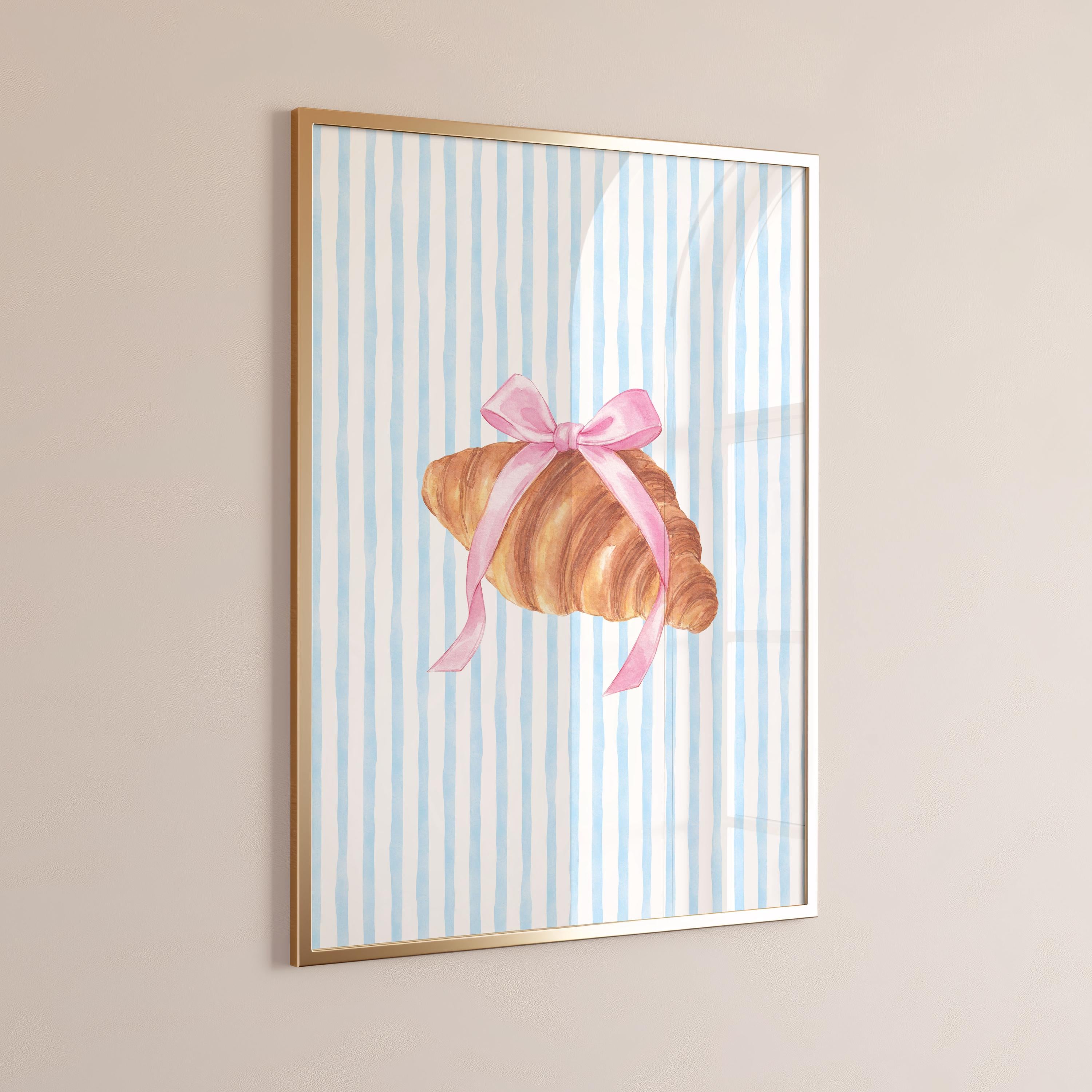 Croissant with Pink Bow Digital Print, Blue Stripes, French Coquette Room Decor, Soft Girl Aesthetic, Girly Printable Poster, Dorm Room