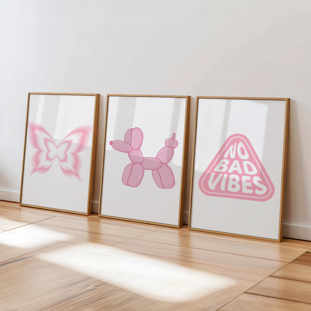 Pink Butterfly Y2K Print, Pink Balloon Dog Print, No Bad Vibes Print - Set of 3 | Trendy Girly Room Decor [Digital Download]
