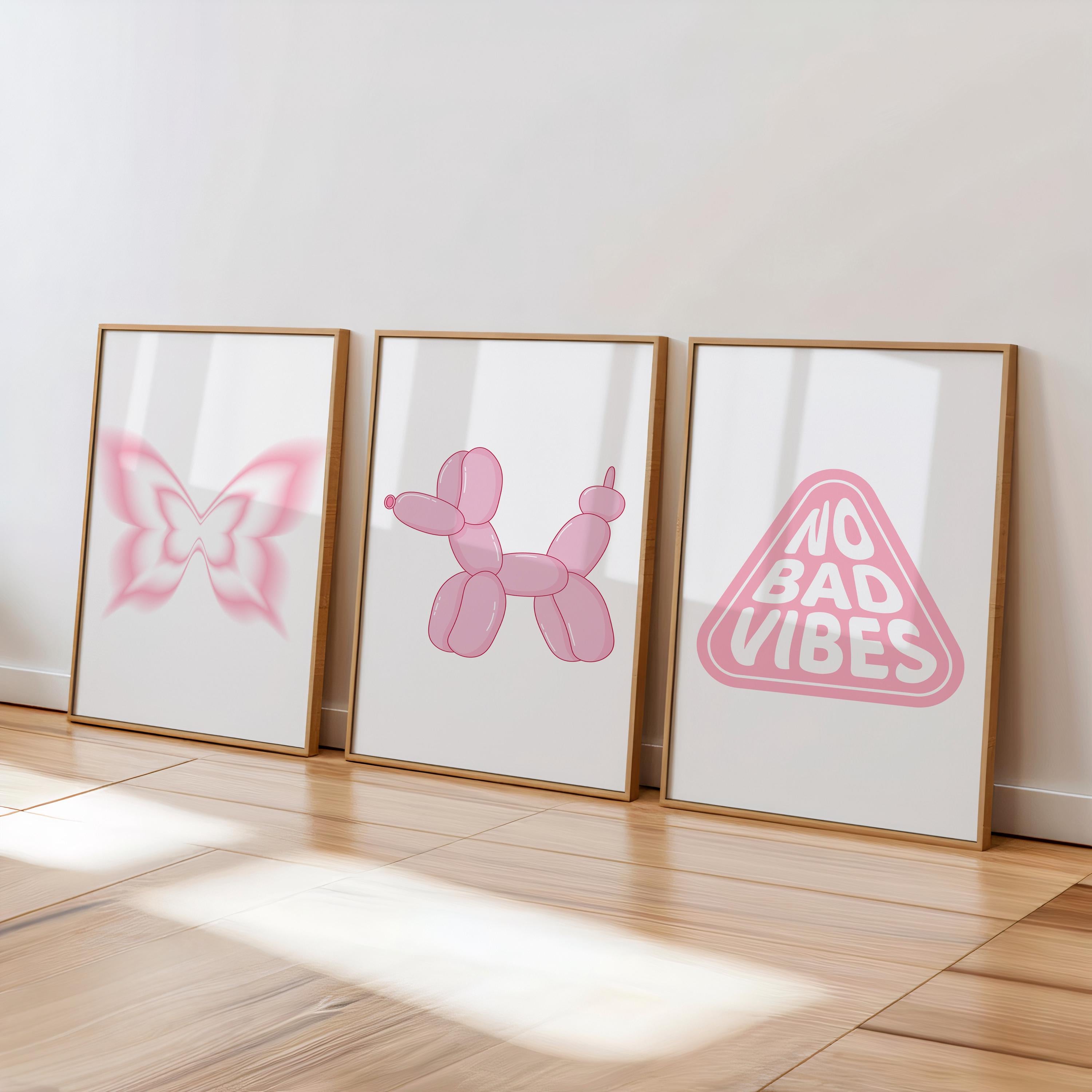 Pink Butterfly Y2K Print, Pink Balloon Dog Print, No Bad Vibes Print - Set of 3 | Trendy Girly Room Decor [Digital Download]