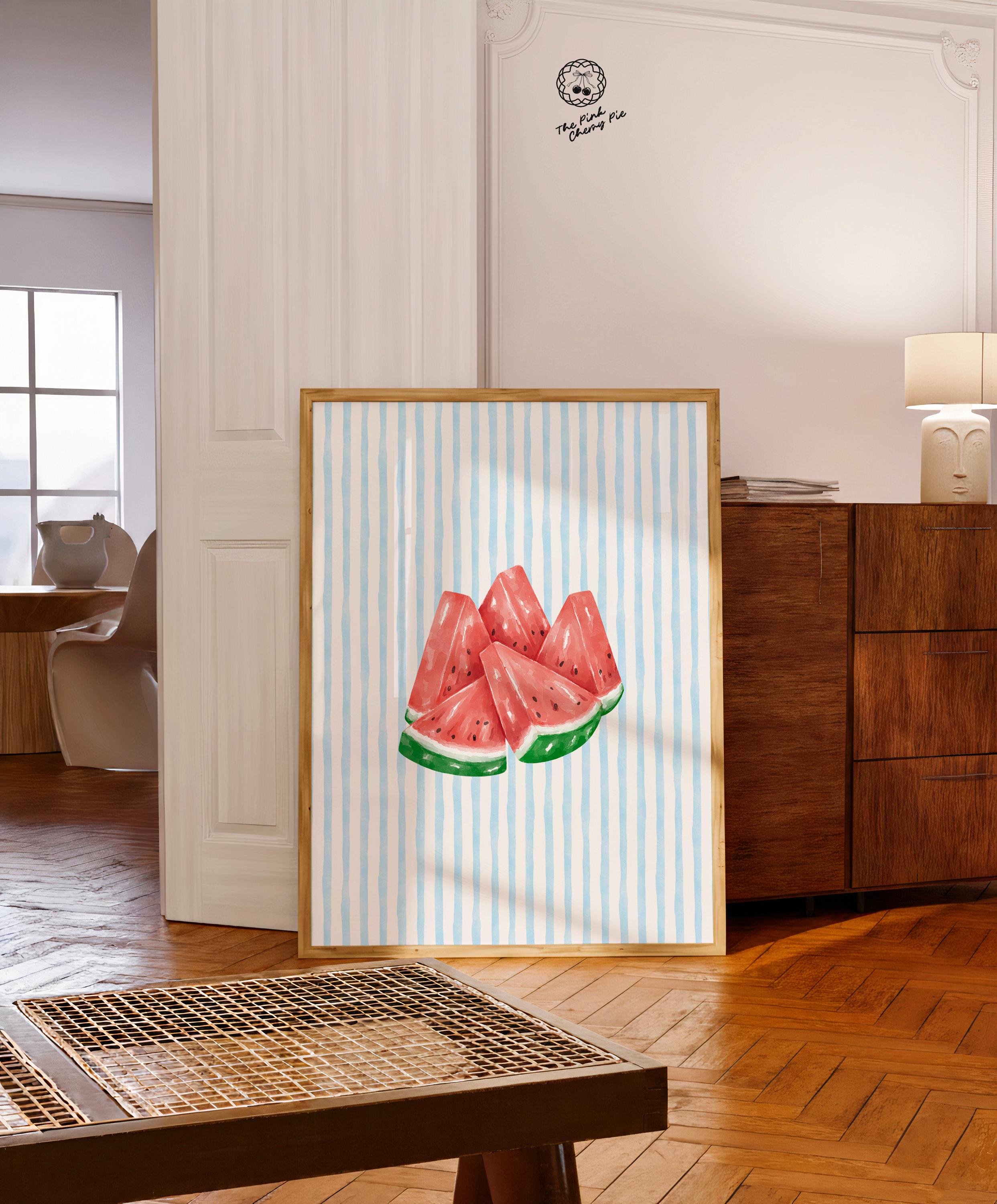 Watermelon Slices Watercolor Paint Print on Blue Stripes, Juicy Watermelon, Preppy Coastal Decor, Watermelon Poster [Digital Download]