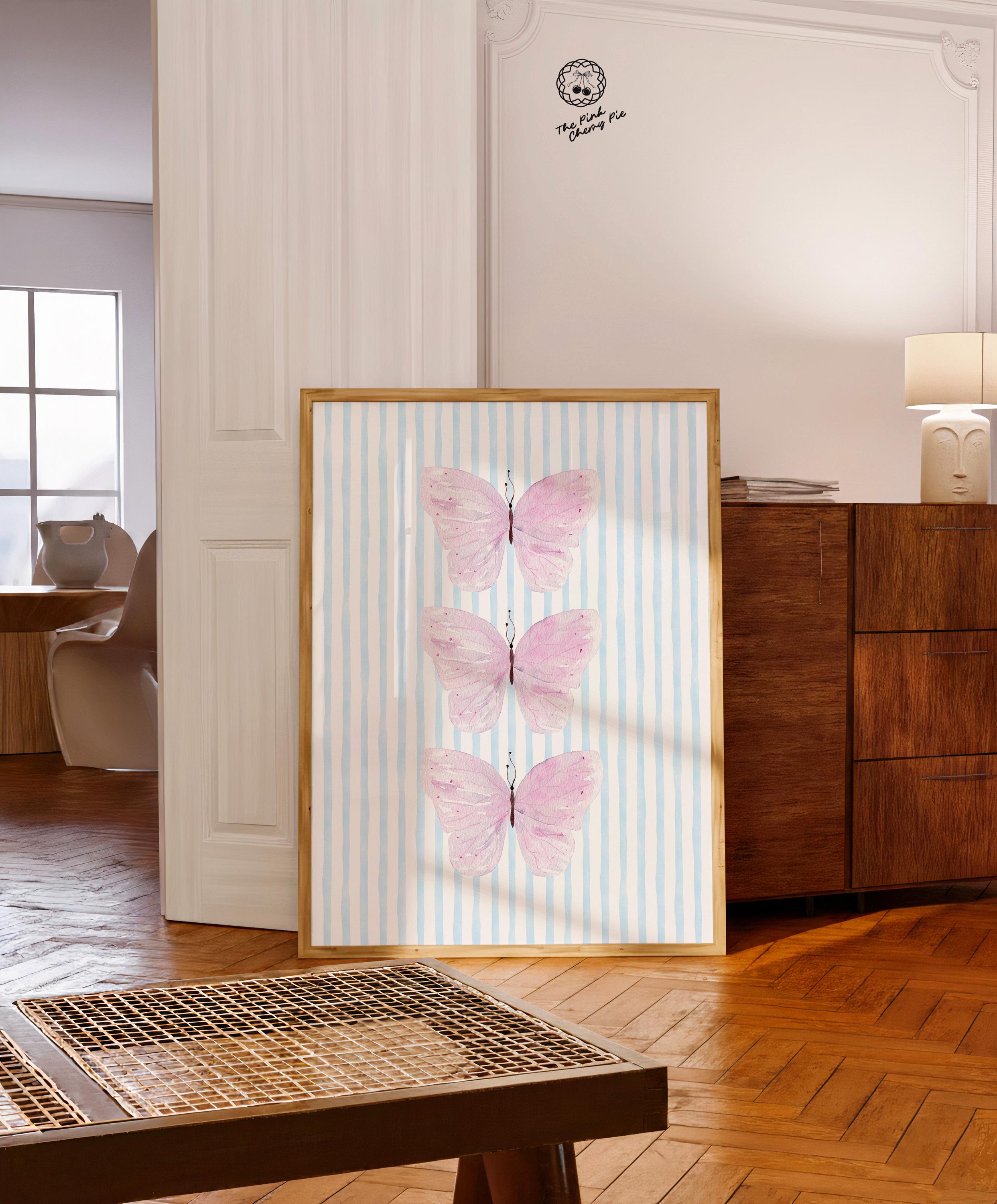 Pink Butterfly Watercolor Print in Blue Stripes - Preppy Dorm Wall Art, Aesthetic Insect Decor, Butterfly Dorm Decor [Digital Download]