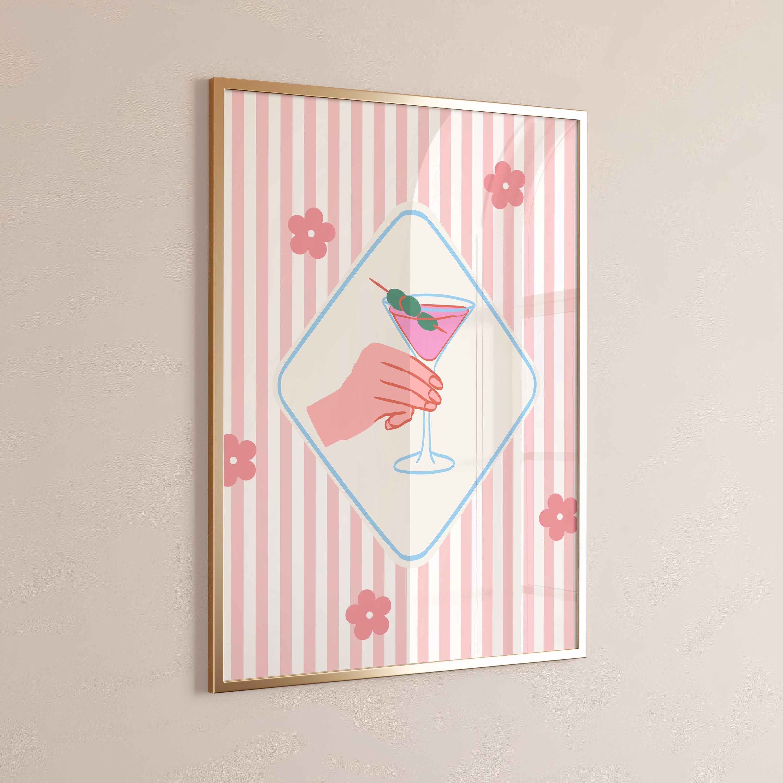 Blue Striped Pink Martini Print, Martini Wall Art, Fun Cocktail Poster, Bar Decor, Trendy, Retro Cocktail Bar Decor [Digital Download]