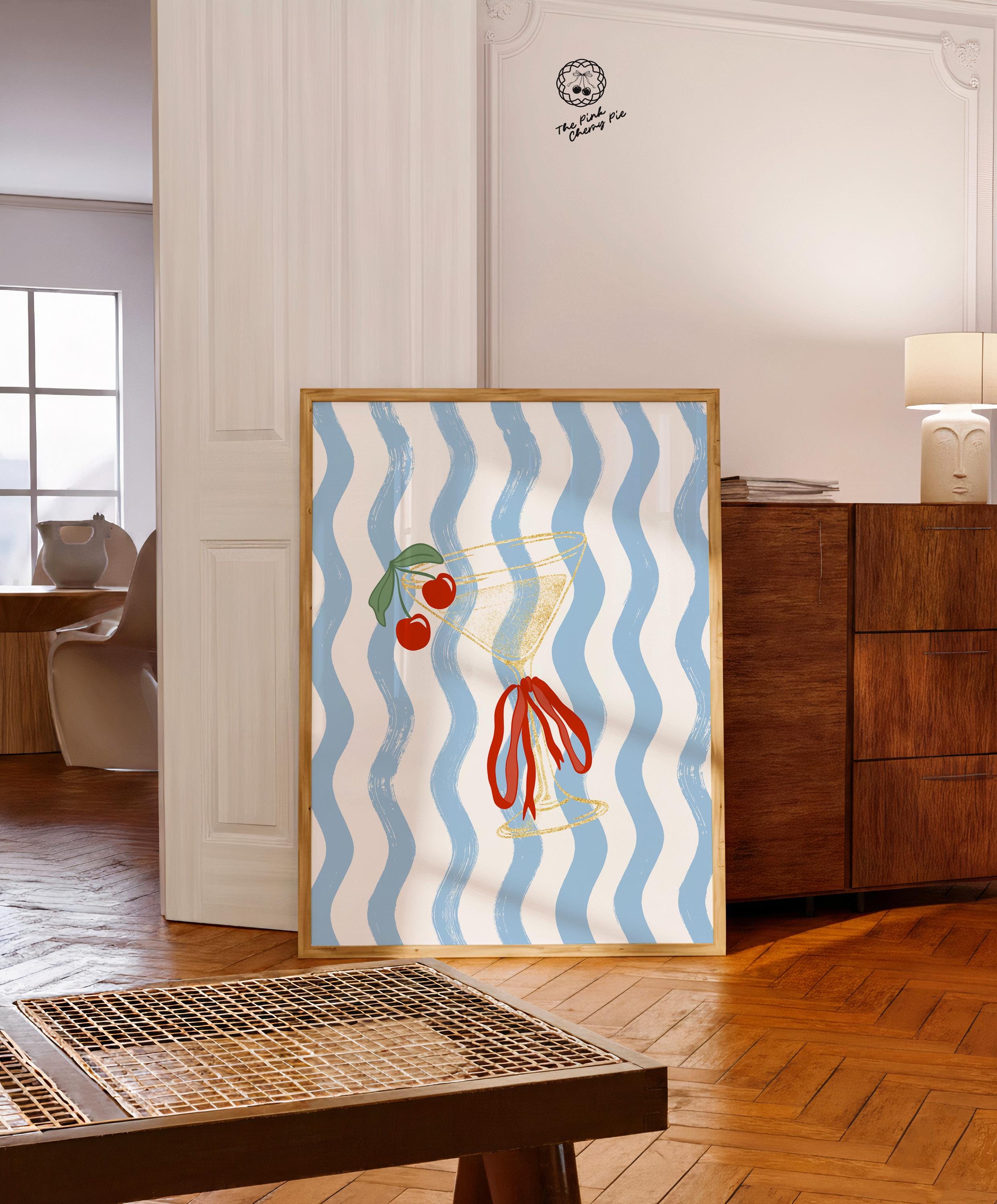 Cherry Martini with Bow Wall Art Stripes, Martini Print, Cocktail Poster, Bar Decor, Trendy, Modern Retro Vintage [Digital Download]