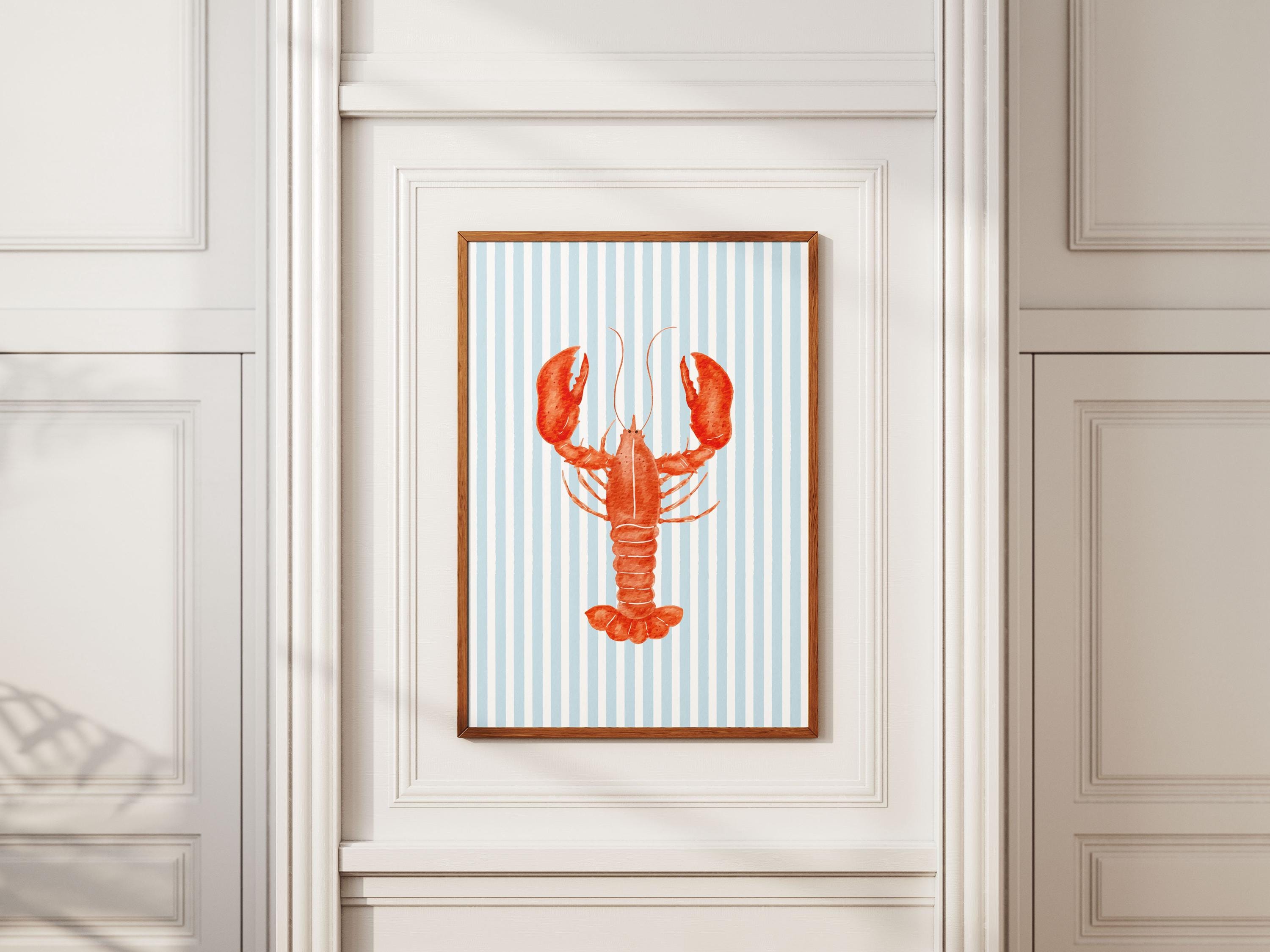 Preppy Lobster Print on Blue Stripes, Coastal Wall Art, Nautical Beach House Decor, Printable Seaside Art [Digital Download]
