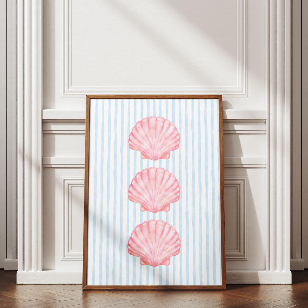 Pink and Blue Coastal Print - Seashell Stripe Art, Beach Dorm Decor, Coastal Wall Prints Trendy, Pastel Aesthetic [Digital Download]