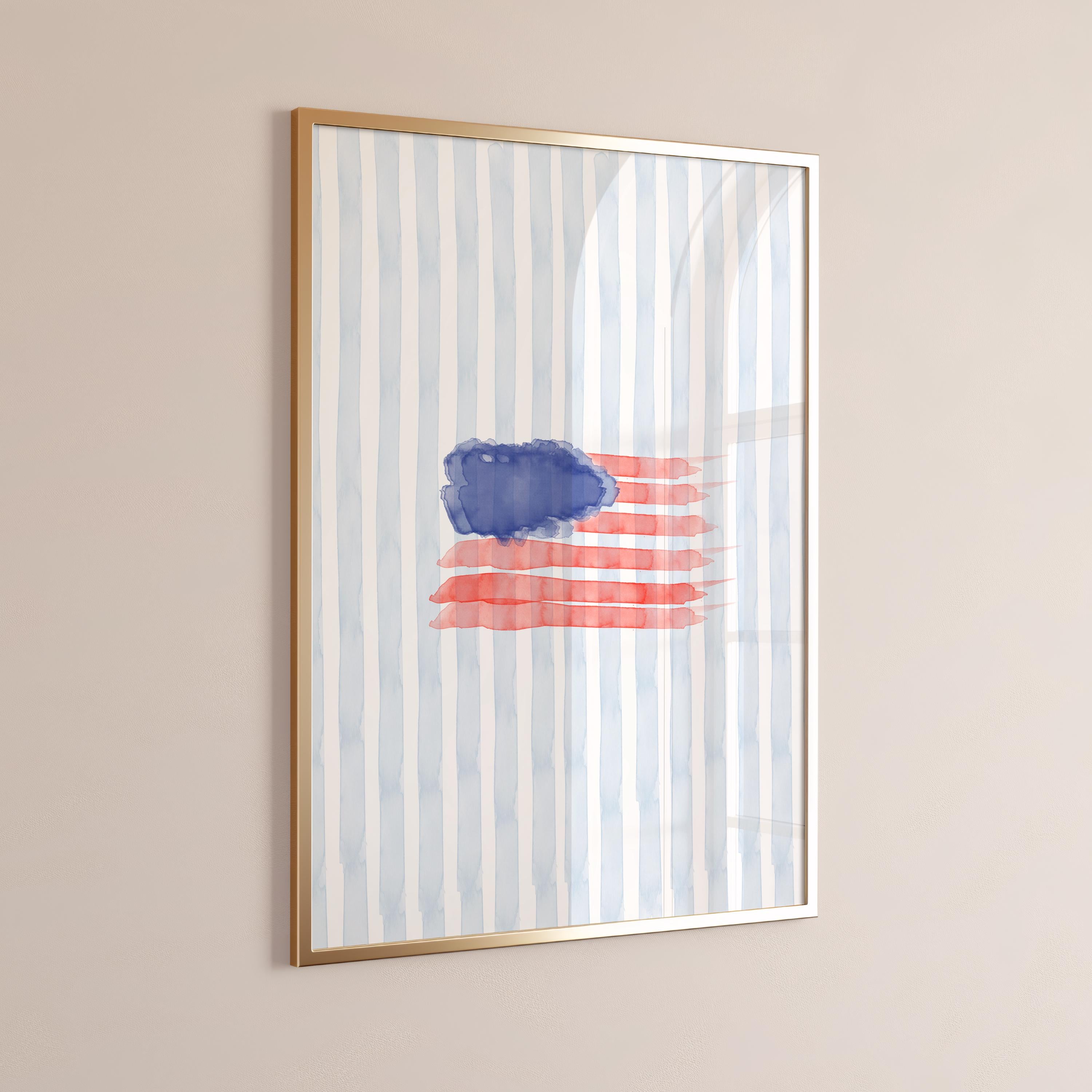 Watercolor American Flag Wall Art – Blue Striped USA Decor for 4th of July, Summer Coastal Style, Patriotic Dorm or Home Print