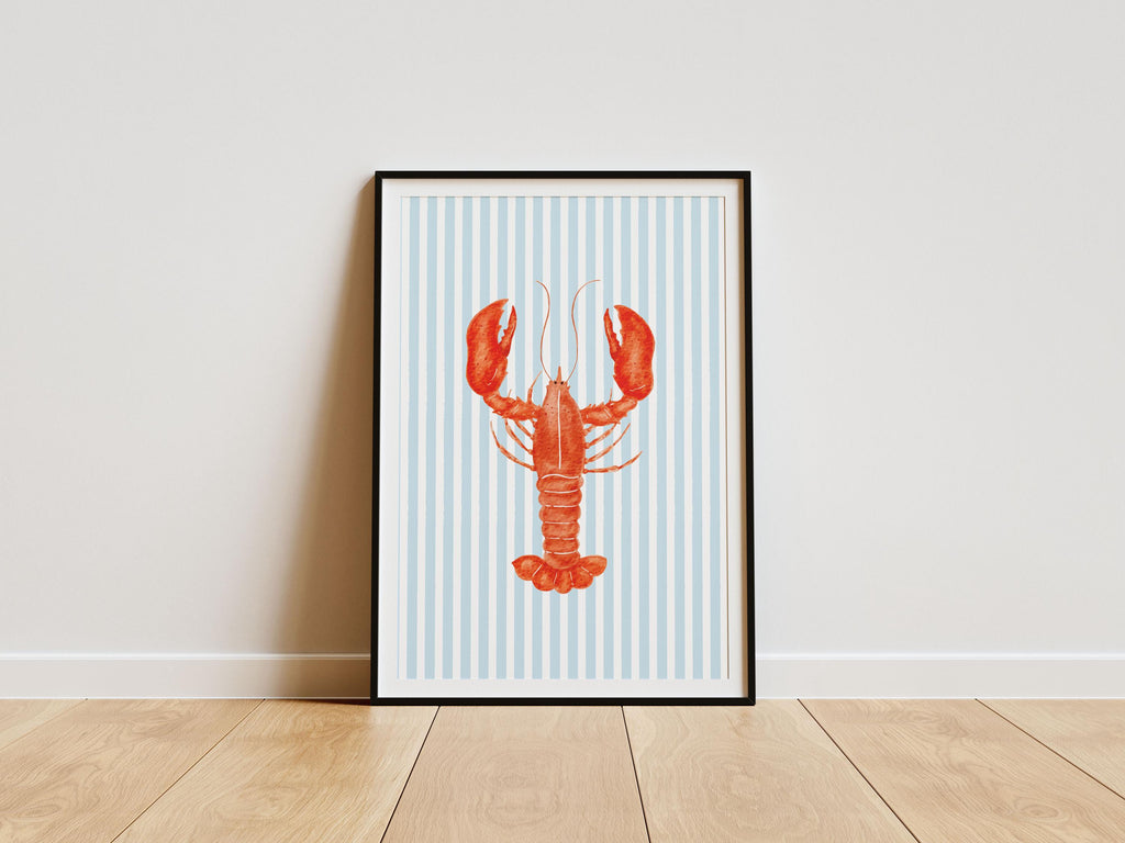 Preppy Lobster Print on Blue Stripes, Coastal Wall Art, Nautical Beach House Decor, Printable Seaside Art [Digital Download]