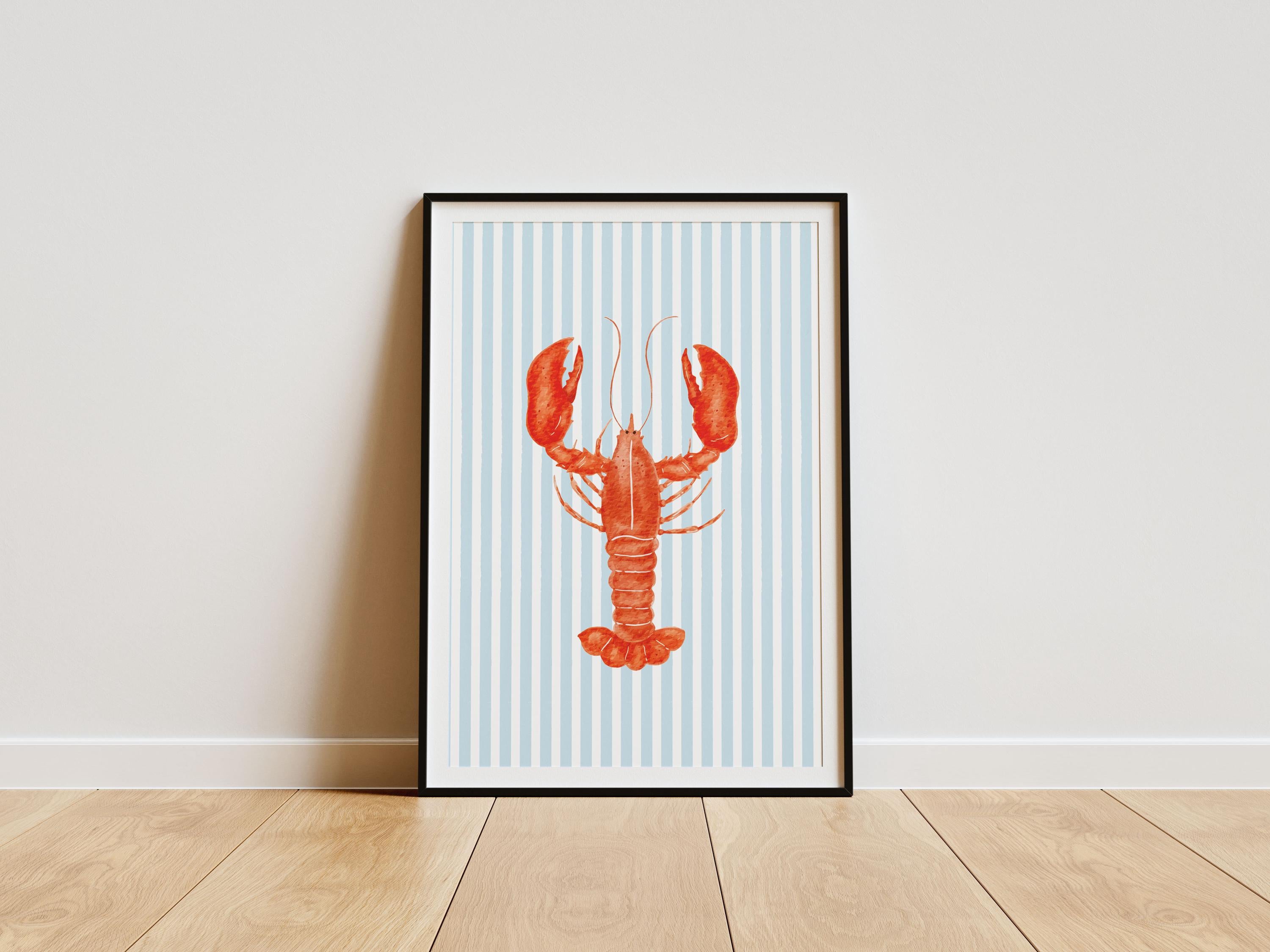 Preppy Lobster Print on Blue Stripes, Coastal Wall Art, Nautical Beach House Decor, Printable Seaside Art [Digital Download]