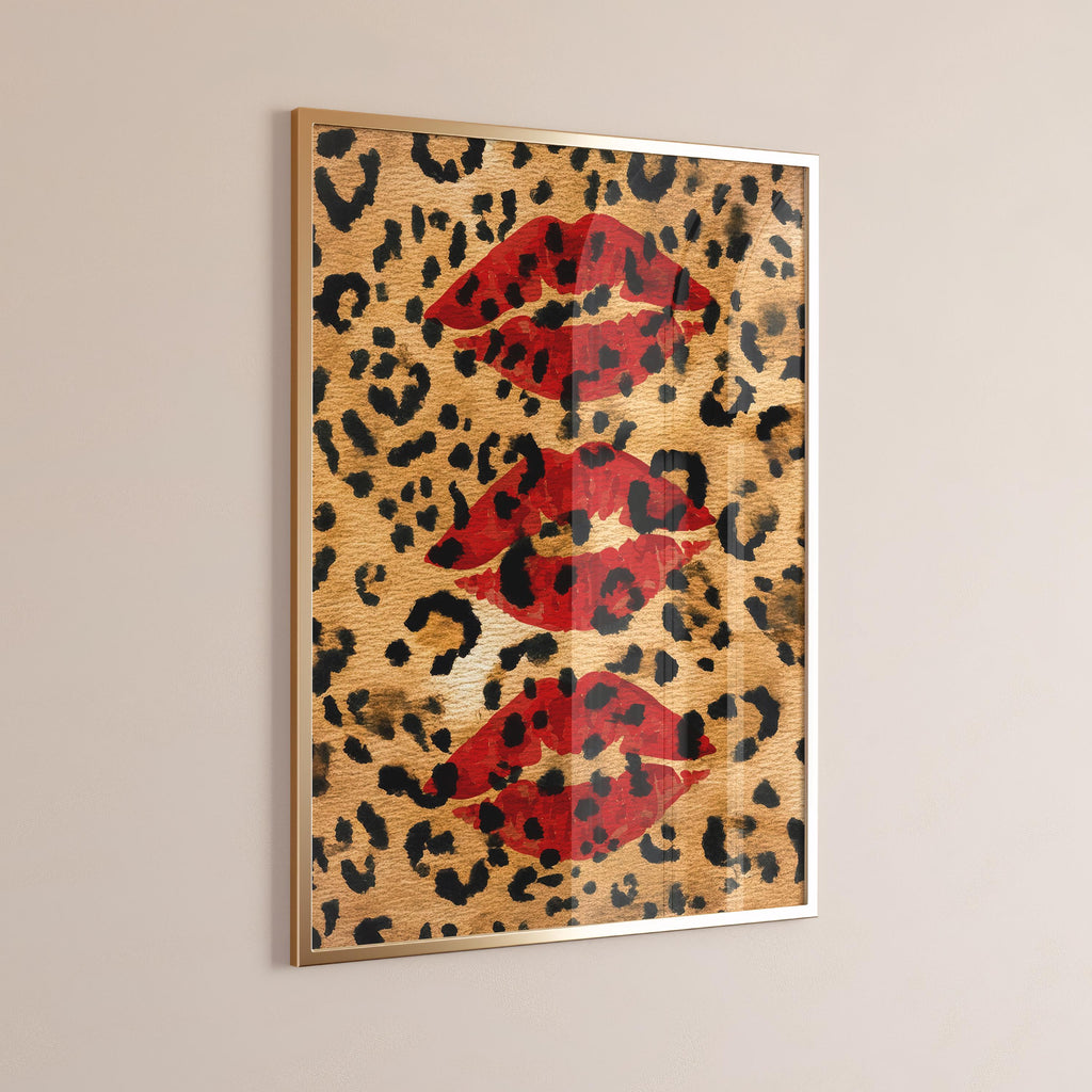 Red Kiss Cheetah Watercolor Print – Trendy Dorm Wall Art, Bold Coquette Digital Download, Edgy Lip and Animal Print Poster