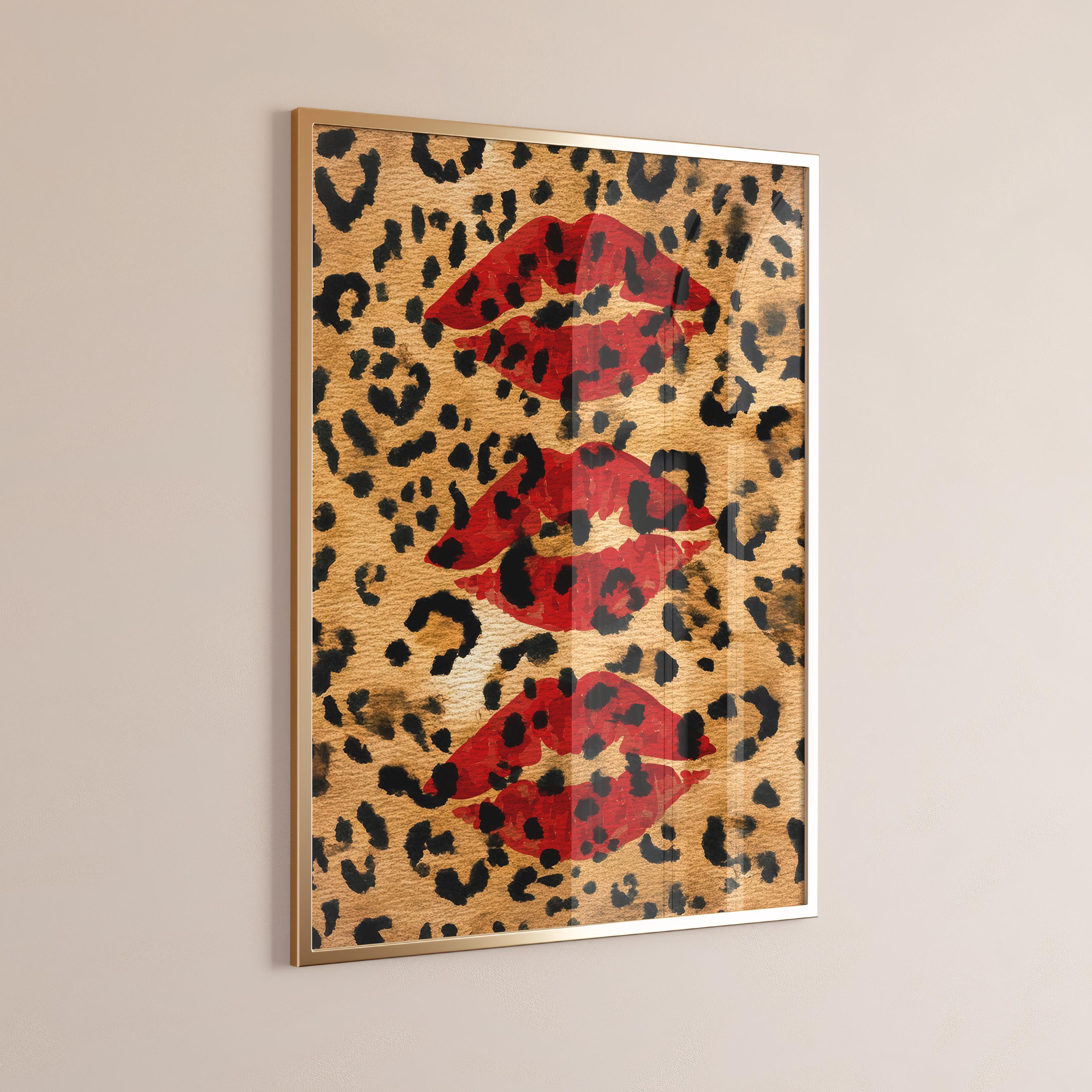 Red Kiss Cheetah Watercolor Print – Trendy Dorm Wall Art, Bold Coquette Digital Download, Edgy Lip and Animal Print Poster