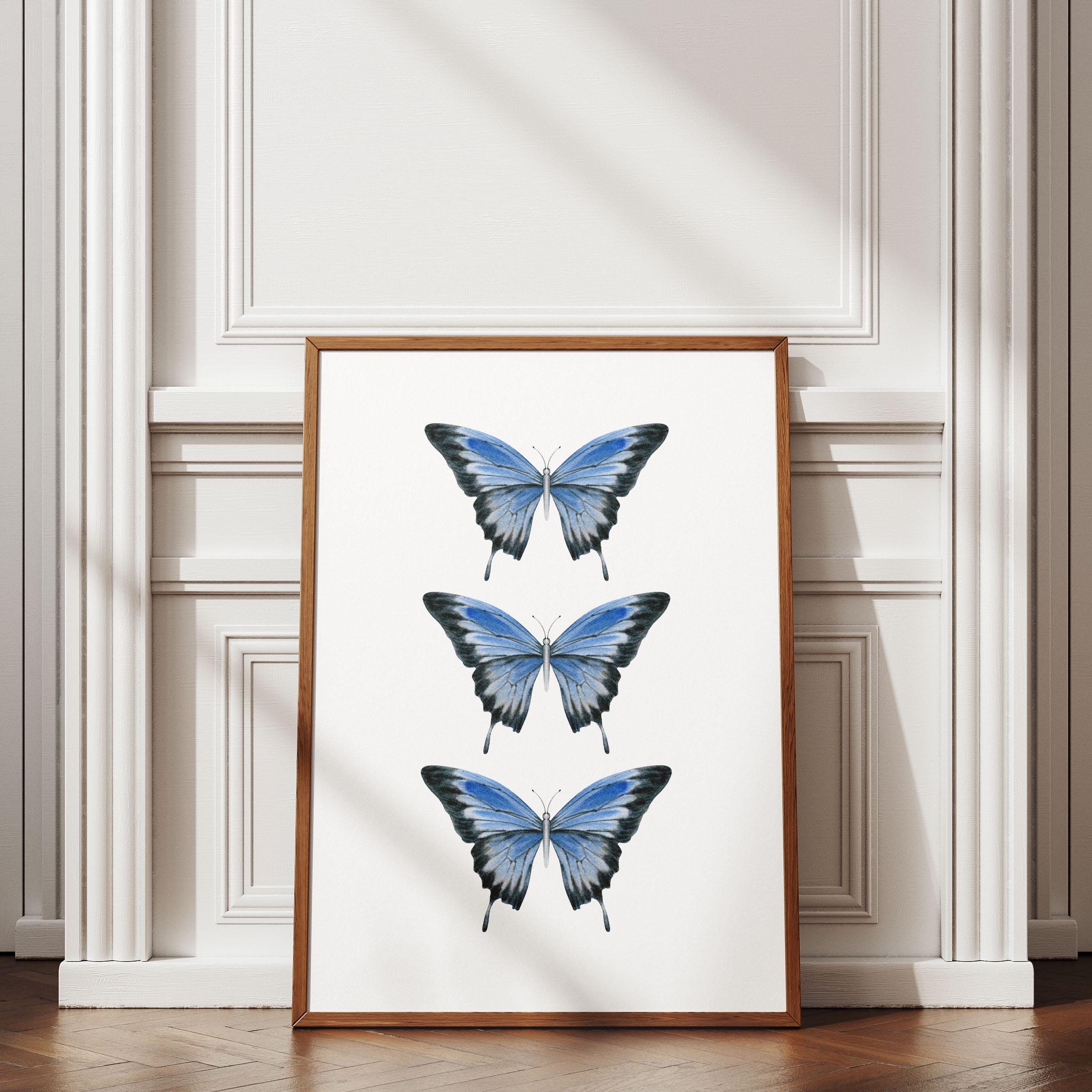 Blue Butterfly Watercolor Print - Preppy Dorm Wall Art, Aesthetic Insect Decor, Butterfly Dorm Decor [Digital Download]