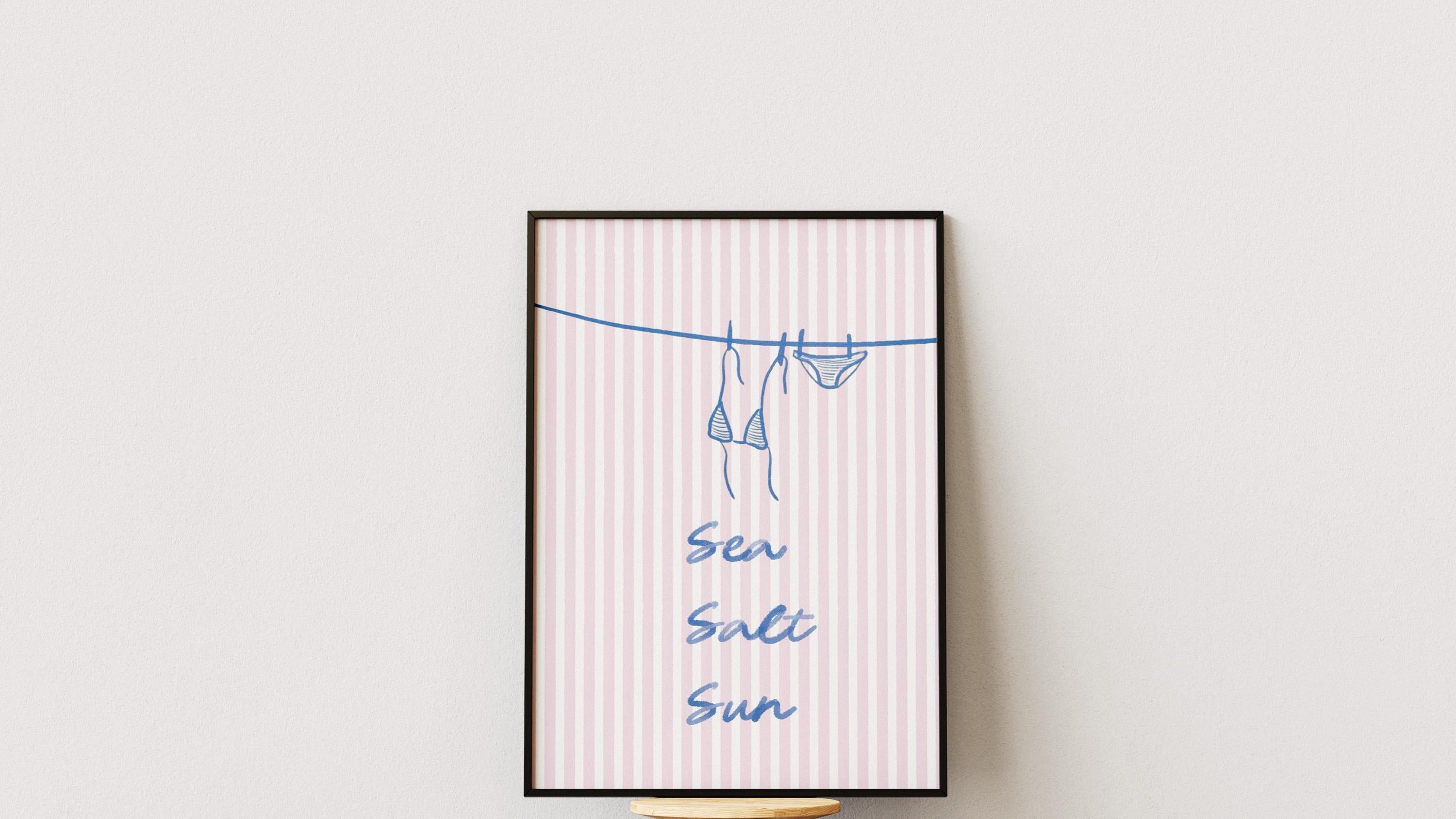 Pikini Sea Salt Sun Watercolor Beachy Wall Art – Minimal Coastal Typography Print | Summer Beach House Decor, Preppy Ocean Quote Poster