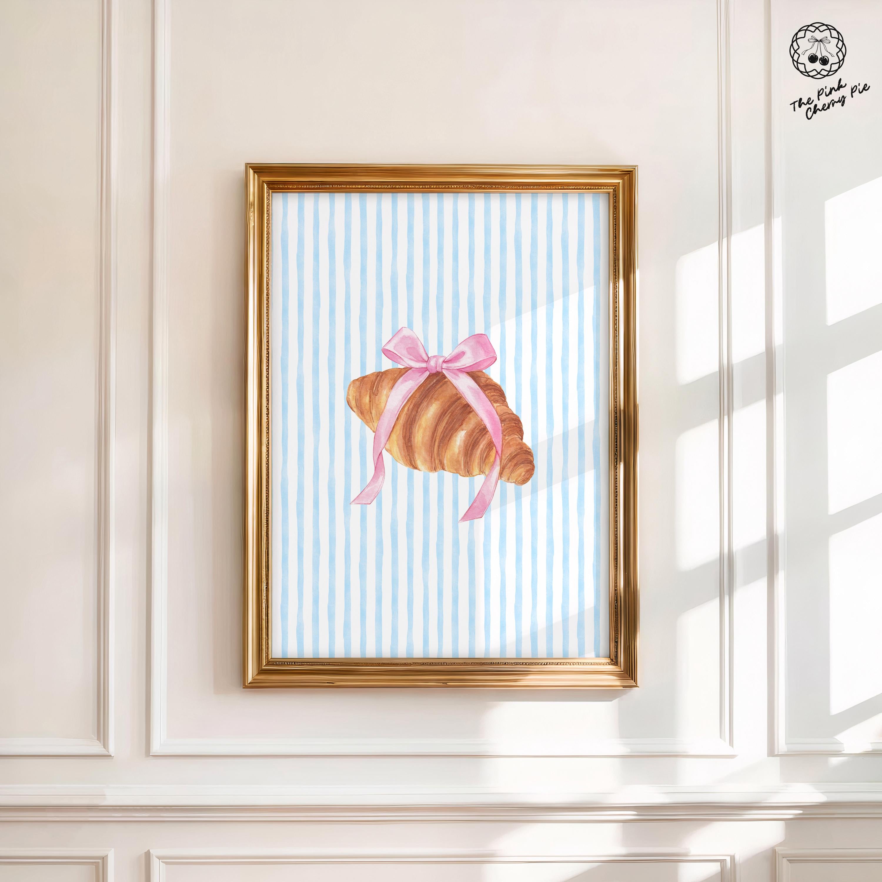 Croissant with Pink Bow Digital Print, Blue Stripes, French Coquette Room Decor, Soft Girl Aesthetic, Girly Printable Poster, Dorm Room