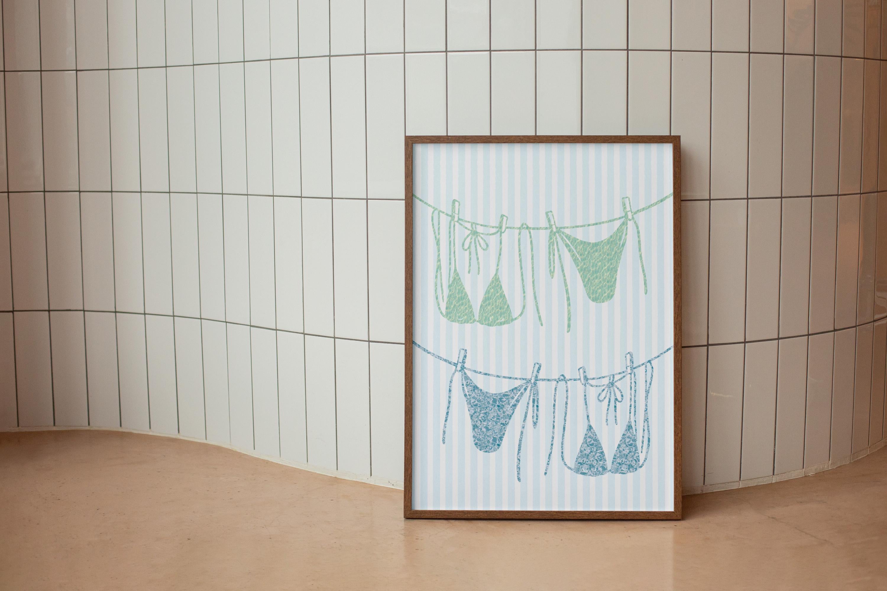 Blue and Green Bikini on Clothesline Watercolor Striped Print – Coastal Beachy Wall Art | Trendy Summer Print for Dorm & Preppy Room Decor