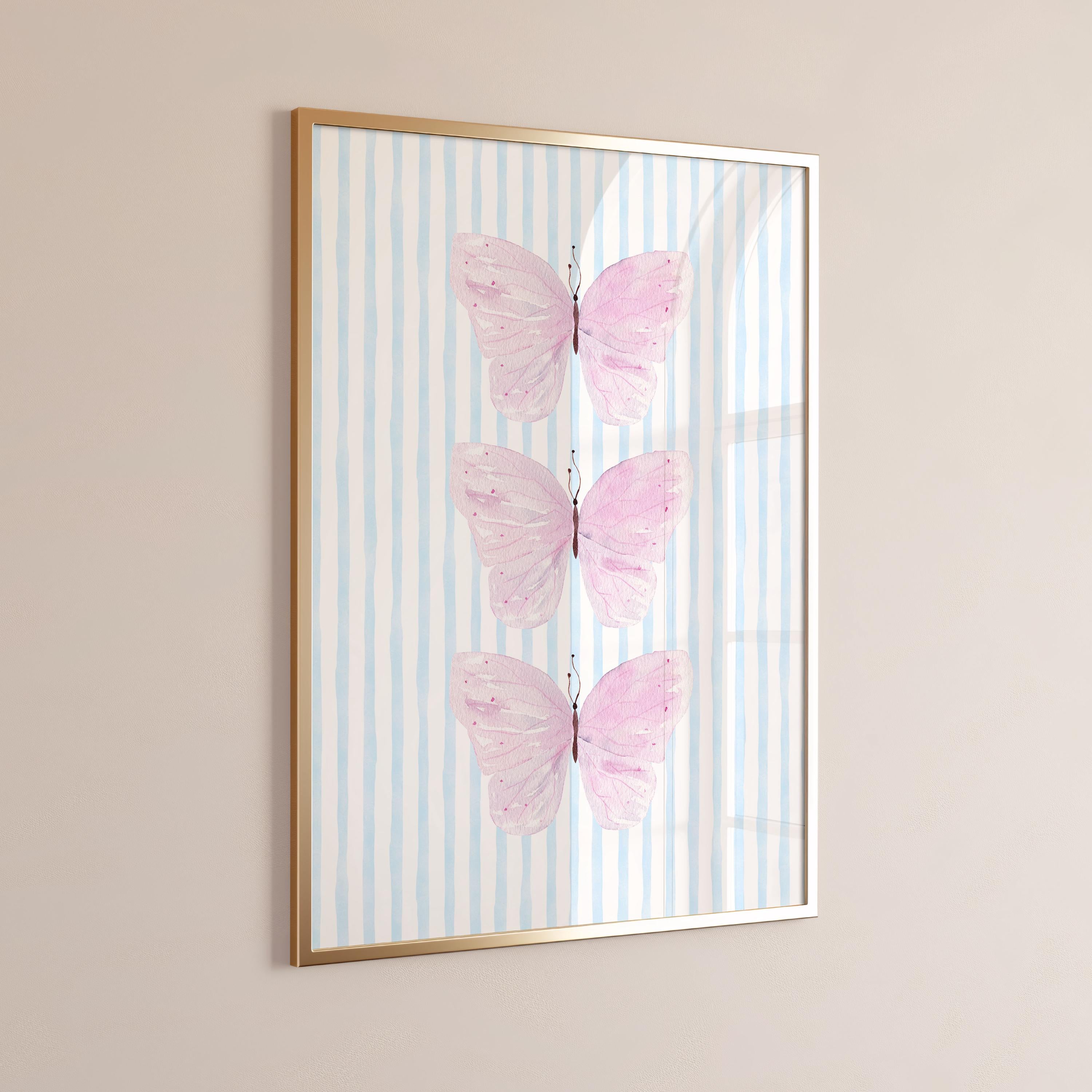 Pink Butterfly Watercolor Print in Blue Stripes - Preppy Dorm Wall Art, Aesthetic Insect Decor, Butterfly Dorm Decor [Digital Download]