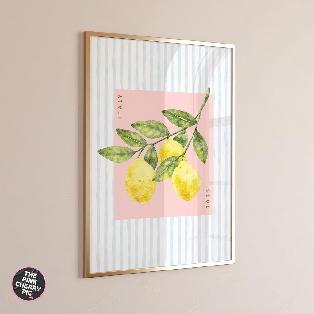 Lemon Print on Blue Stripe - Pink Background | Coastal Kitchen Wall Art | Bright Fruit Printable | Italy Wall Art [Digital Download]