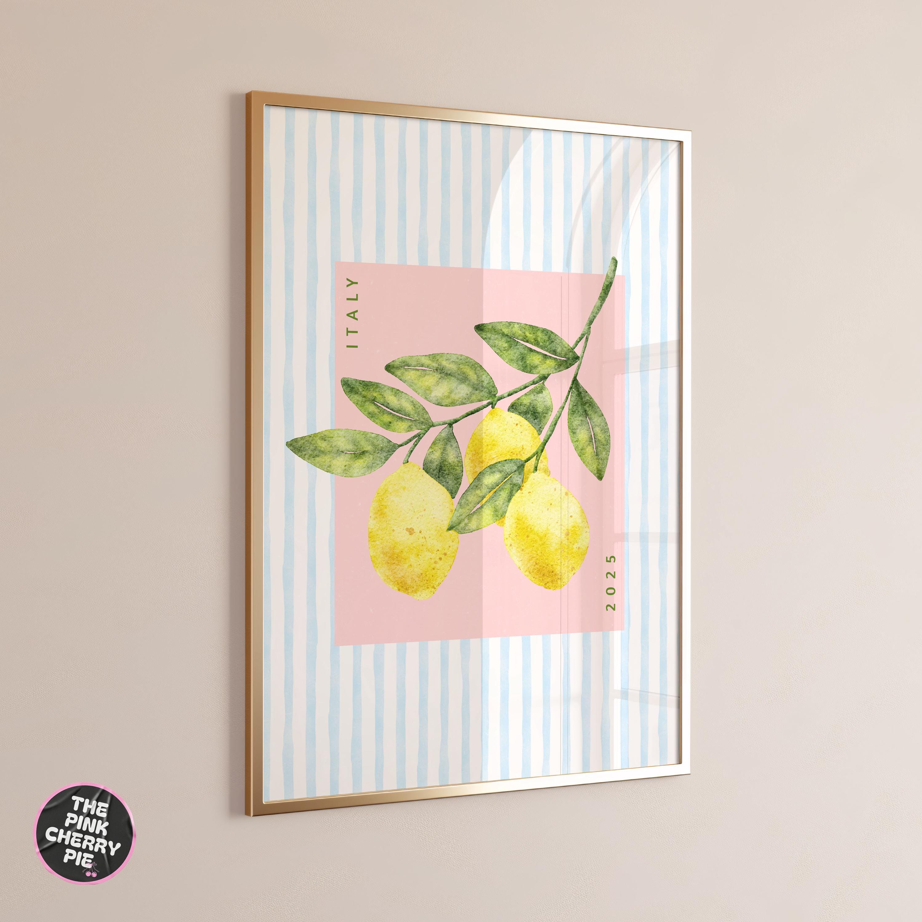 Lemon Print on Blue Stripe - Pink Background | Coastal Kitchen Wall Art | Bright Fruit Printable | Italy Wall Art [Digital Download]