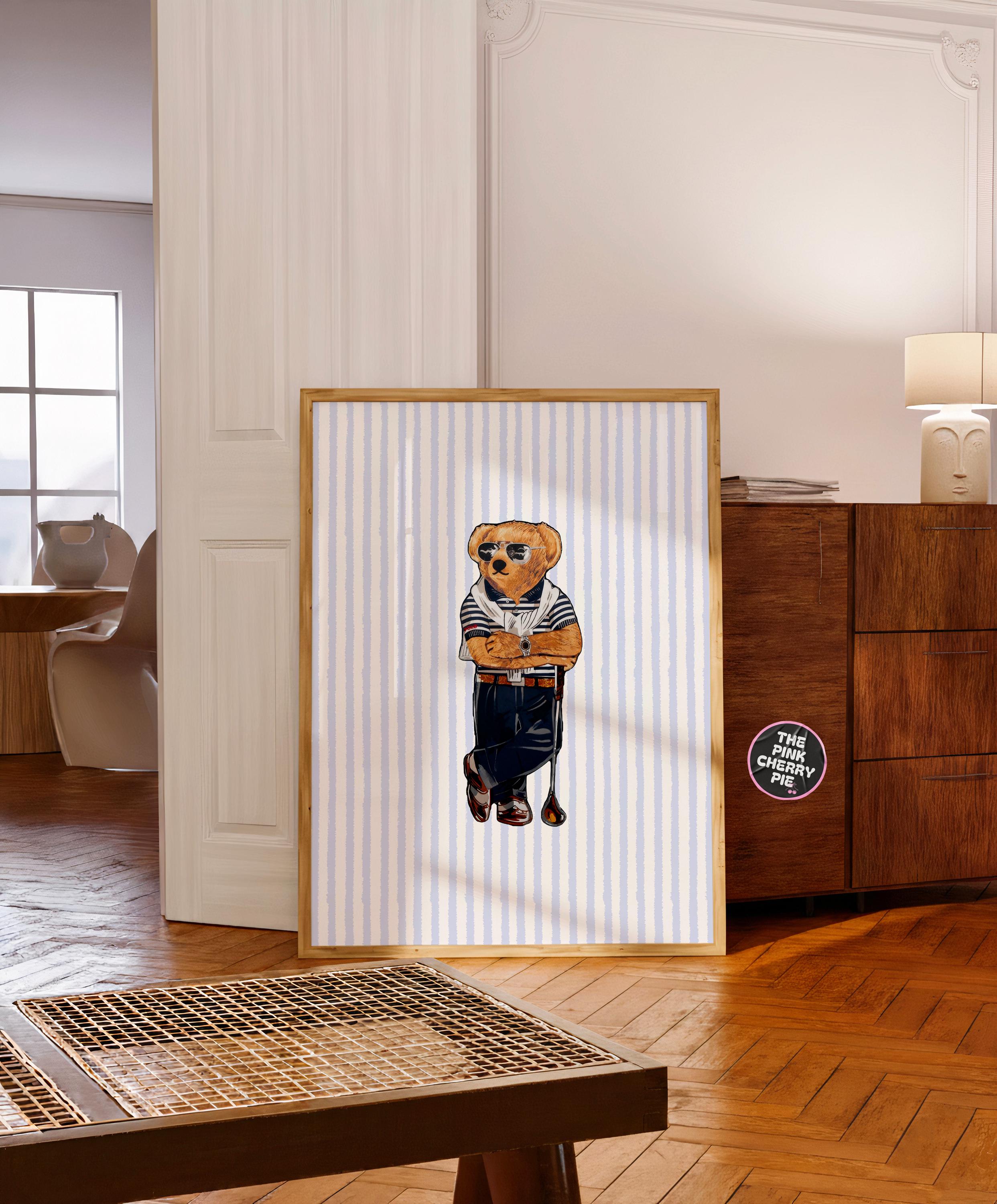 Golf Bear Print - Vintage Golf Print – Golf Wall Art, Blue Stripes Print - [Digital File]