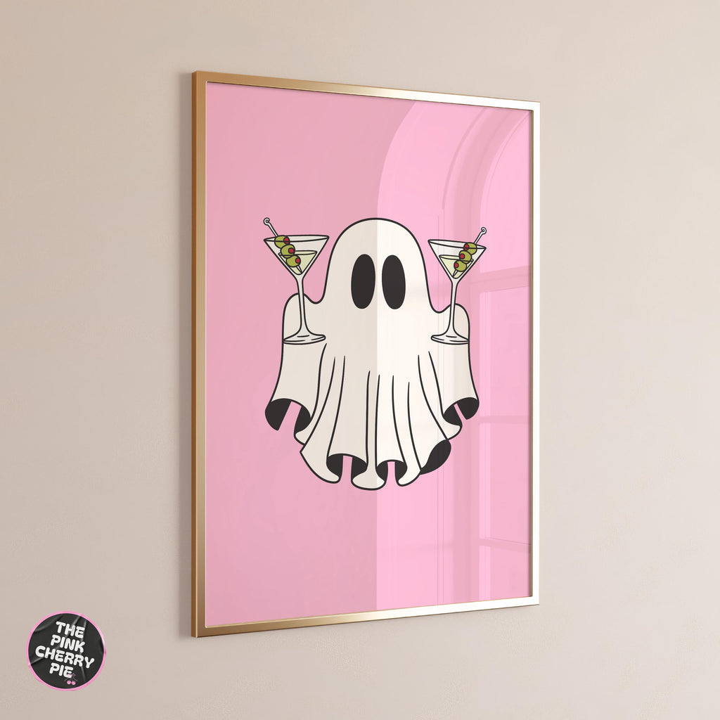 Pink Ghost with Martini Wall Art Print, Halloween Decor, Preppy Trendy Printable Art, Coquette Aesthetic, Cute Ghost Painting [Digital]