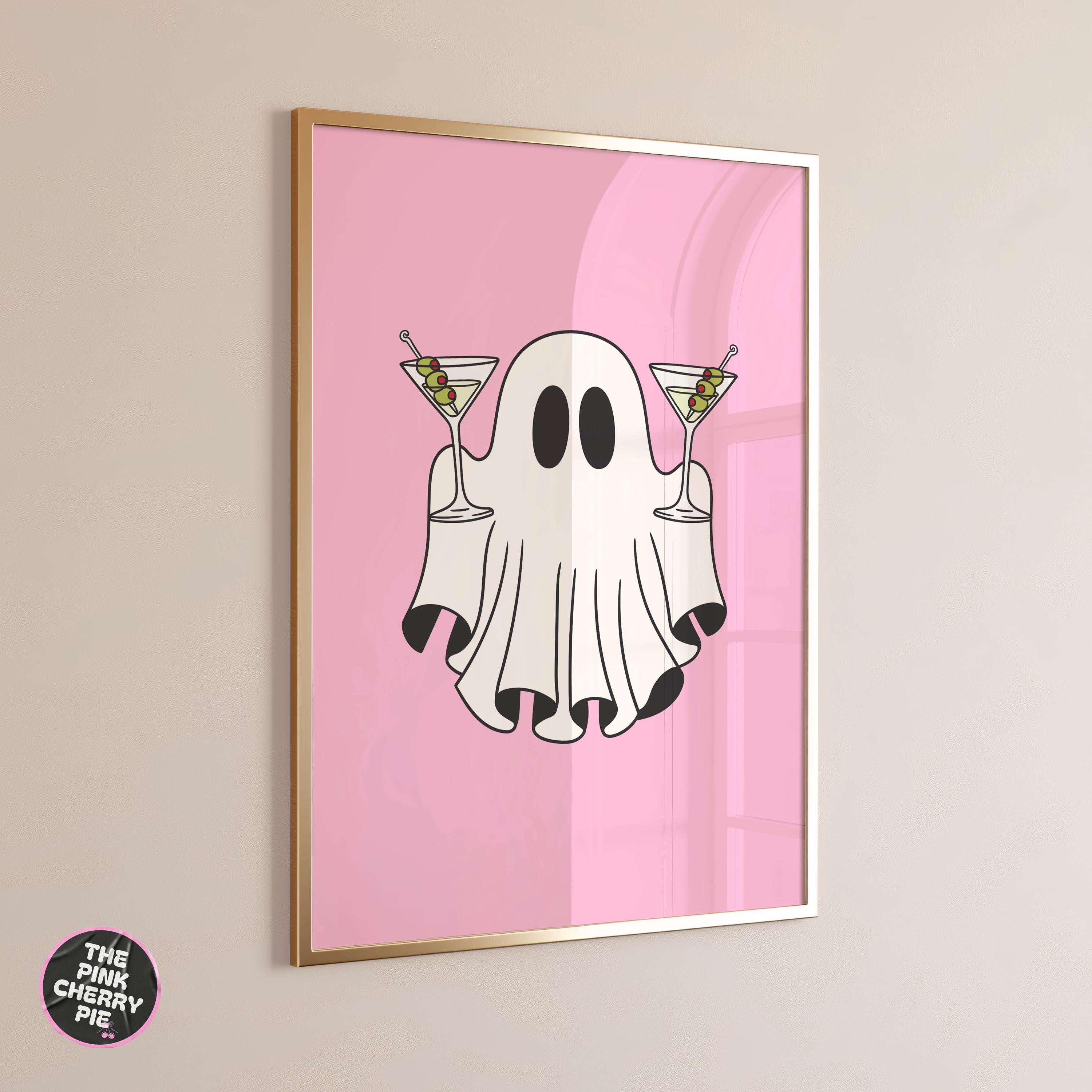 Pink Ghost with Martini Wall Art Print, Halloween Decor, Preppy Trendy Printable Art, Coquette Aesthetic, Cute Ghost Painting [Digital]