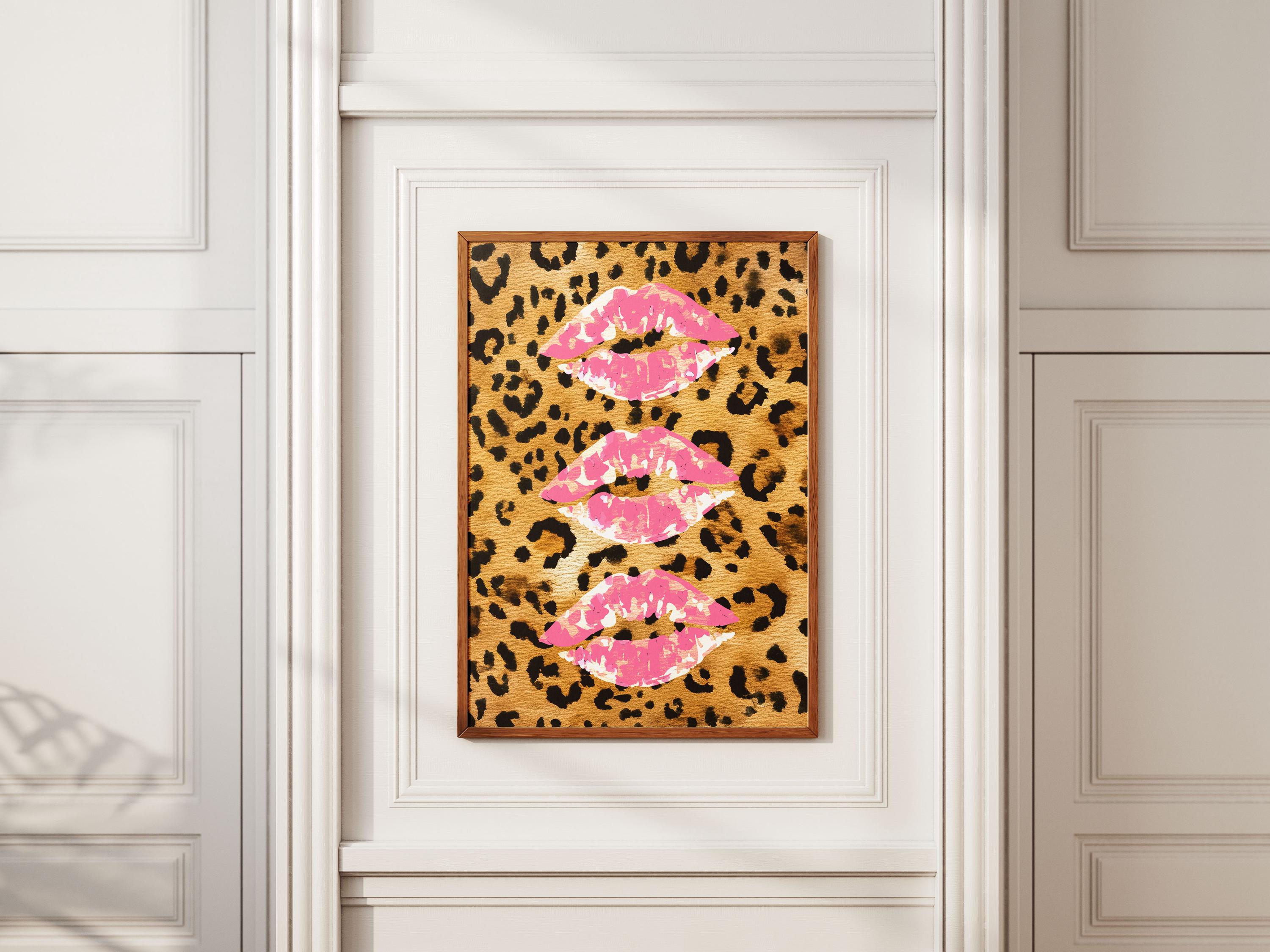 Pink Kiss Cheetah Watercolor Print – Trendy Dorm Wall Art, Bold Coquette Digital Download, Edgy Lip and Animal Print Poster