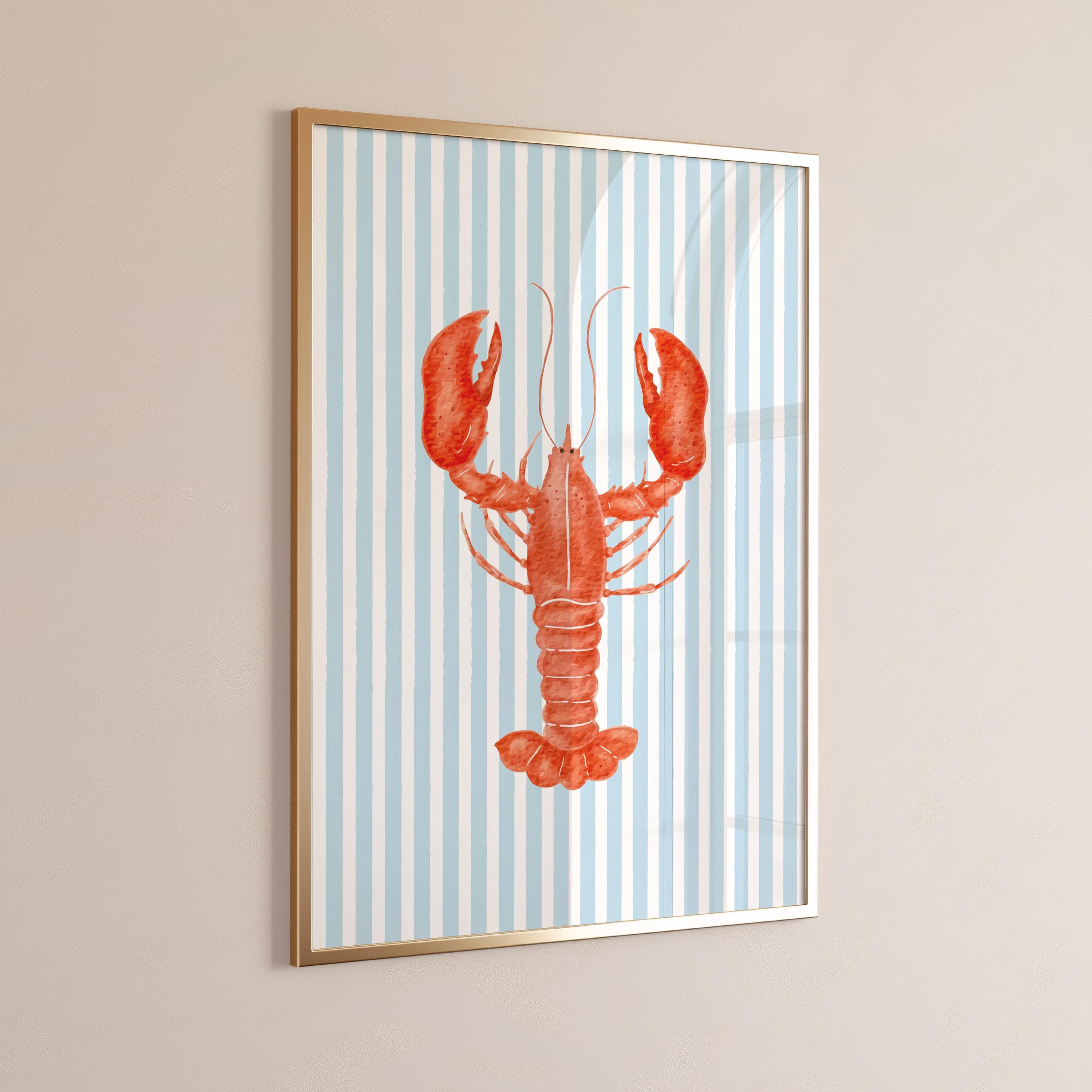 Preppy Lobster Print on Blue Stripes, Coastal Wall Art, Nautical Beach House Decor, Printable Seaside Art [Digital Download]