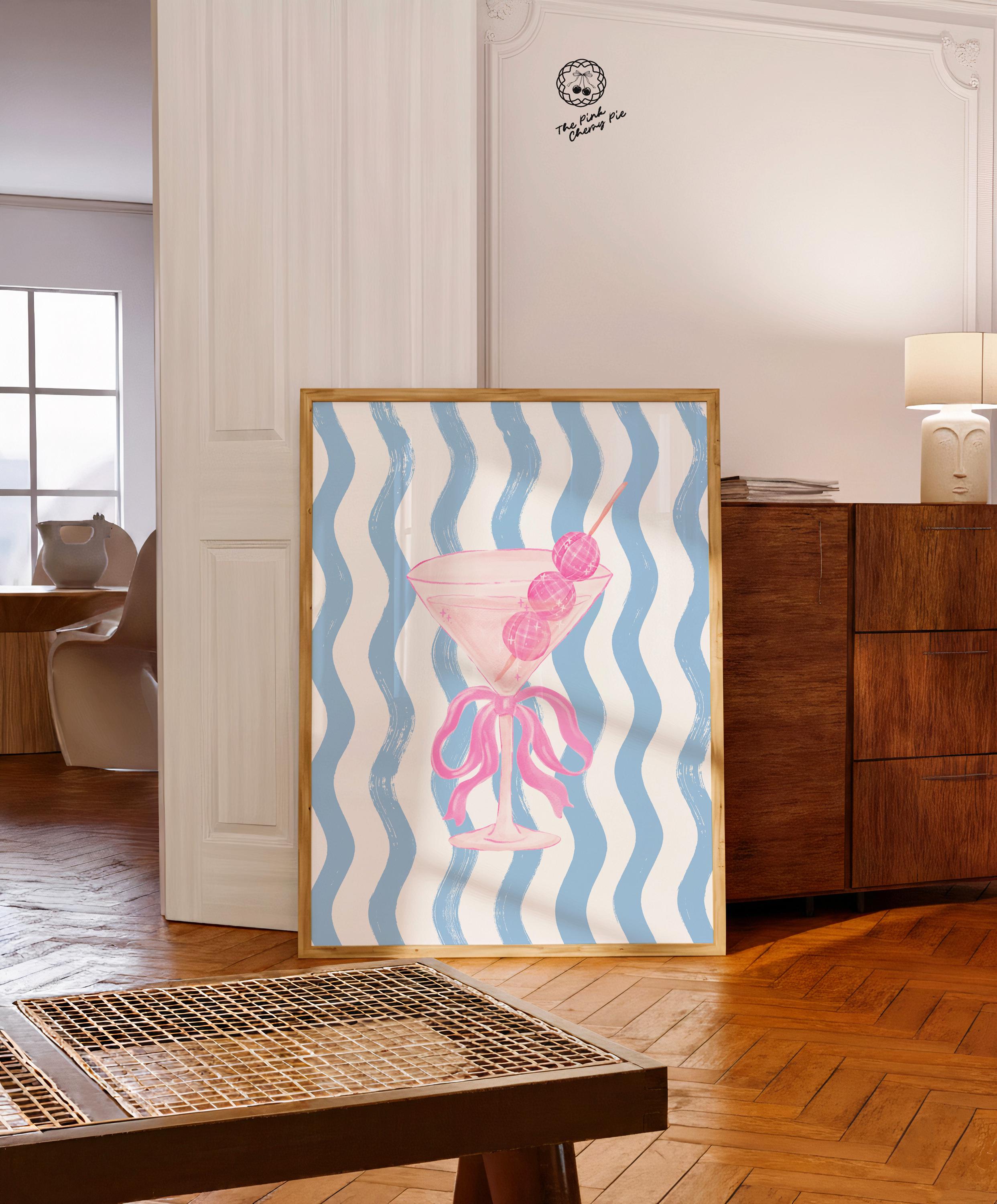 Pink Martini Wall Art with Bow, Disco Ball Poster, Blue Stripes, Fun Cocktail Poster, Bar Decor, Retro Cocktail Bar Decor [Digital Download]