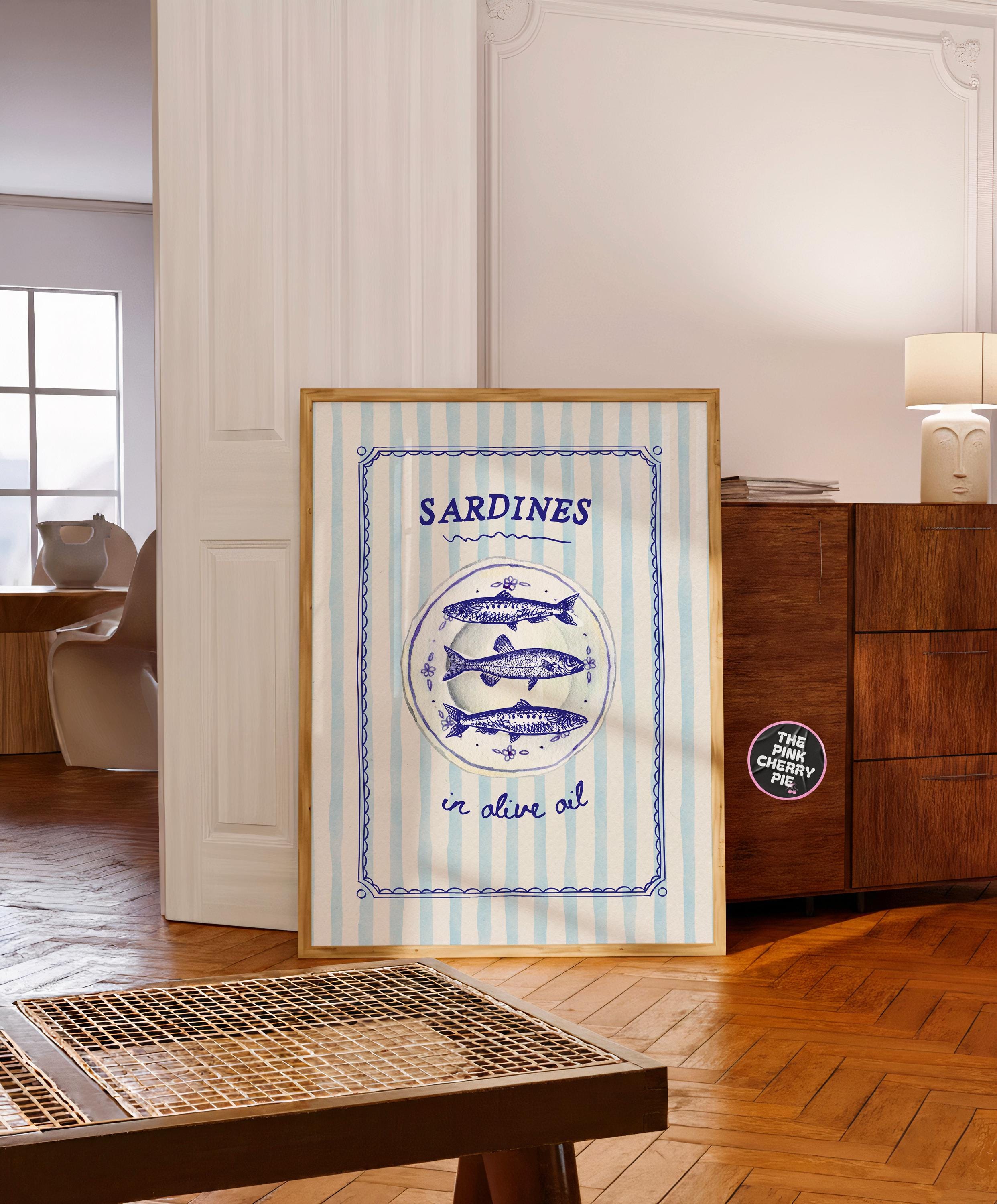 Sardine on Blue Stripes Print - Striped Fish Art, Sardines Wall Art, Vintage Seafood Poster [Digital File]