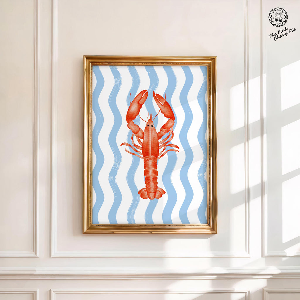 Preppy Lobster Print on Blue Wavy Stripes, Coastal Wall Art, Nautical Beach House Decor, Printable Seaside Art [Digital Download]