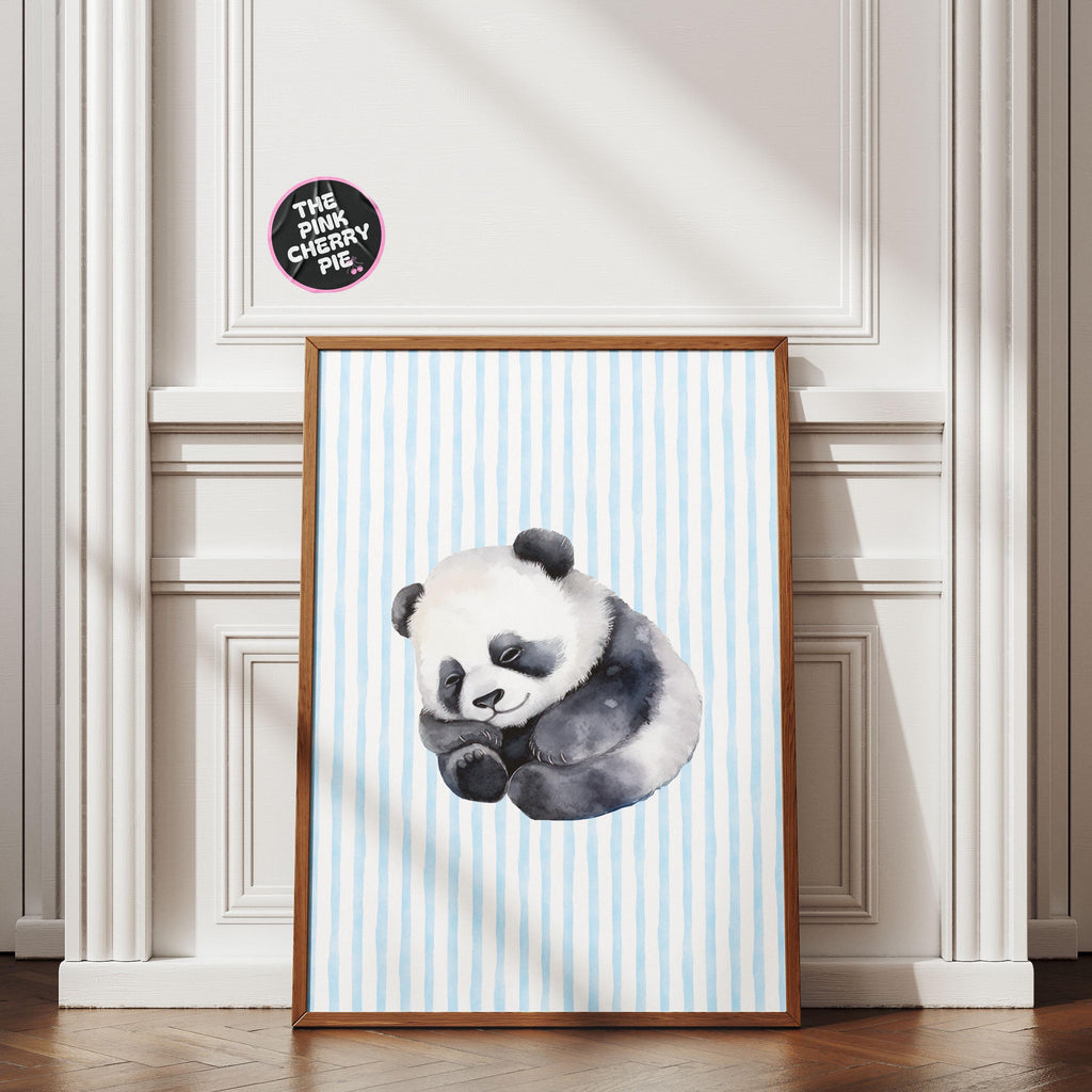 Panda on Blue Stripes Wall Art, Watercolor Art Print, Animal Nursery prints, Minimalist themed room [Digital File]